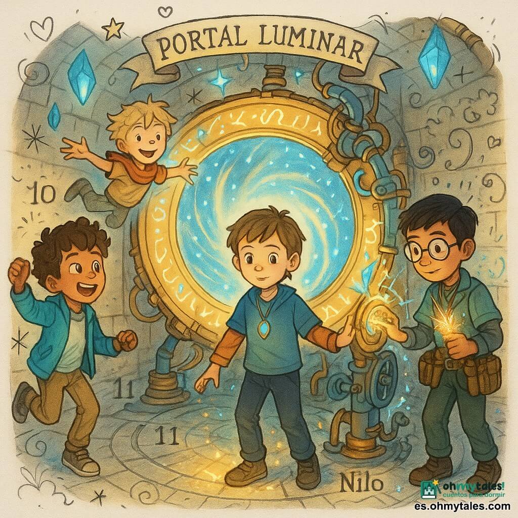 Cuatro niños en una sala circular subterránea de piedra iluminada por cristales azules flotantes: Lucio, ~11 años, pelo castaño rizado, chaqueta turquesa, salta de emoción a la izquierda mirando el anillo; Nilo, ~12 años, pelo corto negro, gafas redondas y bolsillos con herramientas, a la derecha toca un pequeño mecanismo brillante; Tadeo, ~10 años, pelo rubio alborotado, pañuelo rojo, flota detrás con sonrisa soñadora y brazos abiertos; Kael, ~11 años, castaño claro, tímido pero decidido, lleva un colgante de cristal y está en el centro con la mano sobre un gran anillo dorado suspendido cubierto de runas luminosas, rodeado de tubos de cobre y engranajes azulados; suelo de losas plateadas que reflejan luces y filamentos brillantes, doodles de estrellas y esquemas mecánicos superpuestos; los cuatro activan juntos el Portal Luminar: runas que se encienden en secuencia, luz giratoria dentro del anillo, chispas mágico-tecnológicas y una atmósfera de asombro y descubrimiento, paleta de oro cálido, azul eléctrico y toques turquesa y rojo.