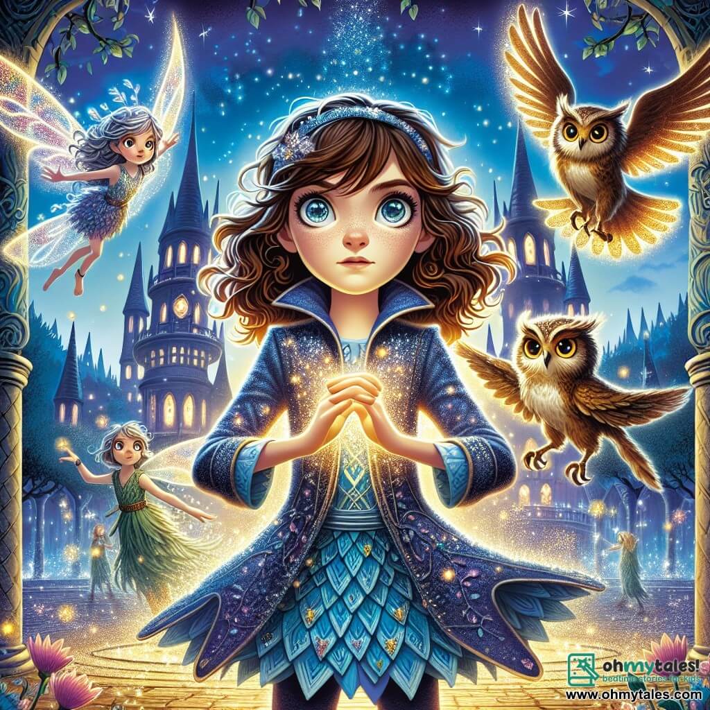 Elara Thornhill, a 12-year-old girl, stands at the center of the scene, her eyes shining with determination and curiosity. She has curly brown hair cascading over her shoulders and wears a blue tunic adorned with shimmering magical patterns. Her hands are raised, surrounded by a golden glow as she prepares to confront an invisible threat. Beside her, Liri, a small fairy with iridescent wings, flits around Elara, her eyes sparkling with excitement. She has silver hair and wears a dress made of flower petals. Thaddeus, a wise owl with brown and golden feathers, perches on a nearby branch, observing the scene seriously, ready to offer advice. The setting is a magical courtyard hidden in the heart of London. Shimmering towers, adorned with glowing runes, rise around them, while fantastical creatures move in the shadows. The twilight light bathes everything in a golden hue, creating a mystical yet welcoming atmosphere. The main situation shows Elara, ready to defend the hidden kingdom against a dark threat, with vibrant energy pulsing around her, while Liri and Thaddeus stand by her side, united in their quest to protect their magical world.