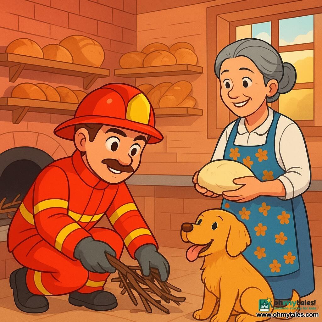 A male firefighter in his thirties, with a brown mustache and sparkling eyes of determination, is wearing a bright red uniform and a shiny helmet. He is crouched down, removing twigs from a bread oven, his face showing concentration and satisfaction. Next to him, a woman in her fifties, Mrs. Barkley, the baker, with gray hair in a bun and a floral apron, watches with a relieved smile, holding a roll of bread dough in her hands. The scene takes place in a cozy bakery with red brick walls, shelves full of golden bread, and soft light filtering through the windows. In one corner, a small dog, Buddy, a golden retriever, waits patiently, tongue out and full of energy. The main situation shows the firefighter saving the bakery from a potential disaster by removing debris from the oven, while the baker thanks him warmly, creating an atmosphere of camaraderie and safety.