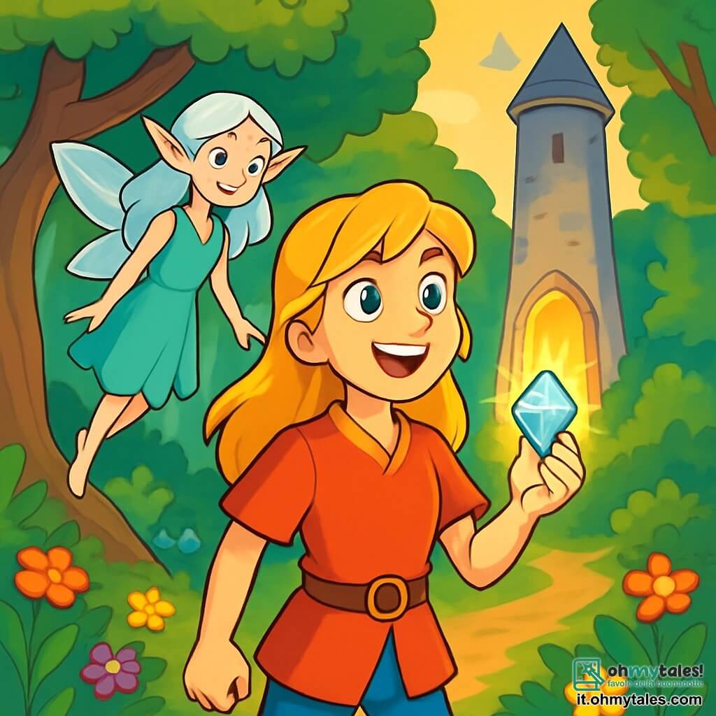 Elara, una giovane donna dai capelli biondo dorato e dagli occhi pieni di curiosità, si trova al centro di una foresta incantata. Il suo volto esprime meraviglia e determinazione, mentre tiene un cristallo scintillante in mano, illuminando il suo sorriso. Accanto a lei, Lysandra, una fata graziosa con capelli d'argento e ali traslucide, fluttua leggermente sopra il suolo, i suoi occhi brillano di saggezza e benevolenza. Sorride a Elara, incoraggiandola nella sua avventura. Il paesaggio è una foresta densa, con alberi maestosi dai tronchi nodosi e foglie verdi brillanti. Fiori colorati punteggiano il terreno e raggi di sole filtrano attraverso il fogliame, creando un'atmosfera magica e accogliente. La scena principale mostra Elara, pronta a entrare nella misteriosa torre che si erge in lontananza, circondata da una luce dorata, mentre si prepara a scoprire i segreti nascosti della magia, con un'espressione di coraggio ed eccitazione sul volto.