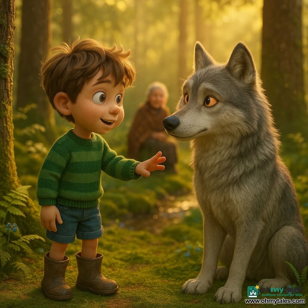 A 6-year-old boy with big curious eyes and messy light chestnut hair, wonderstruck yet cautious, wearing a green striped sweater, denim shorts and muddy boots, gently reaching out to a large silver-furred wolf with bright amber eyes, calm protective posture, sitting facing the boy with head slightly tilted and a friendly gleam; a grandmother is implied by a plaid shawl draped on a nearby stump blurred in the background; the scene is a sunlit forest glade with emerald moss, ferns, lichen-covered trunks, small blue flowers and a sparkling stream, a warm mysterious mood, rich contrasting colors, soft backlighting, centered composition in a warm childlike 3D style.