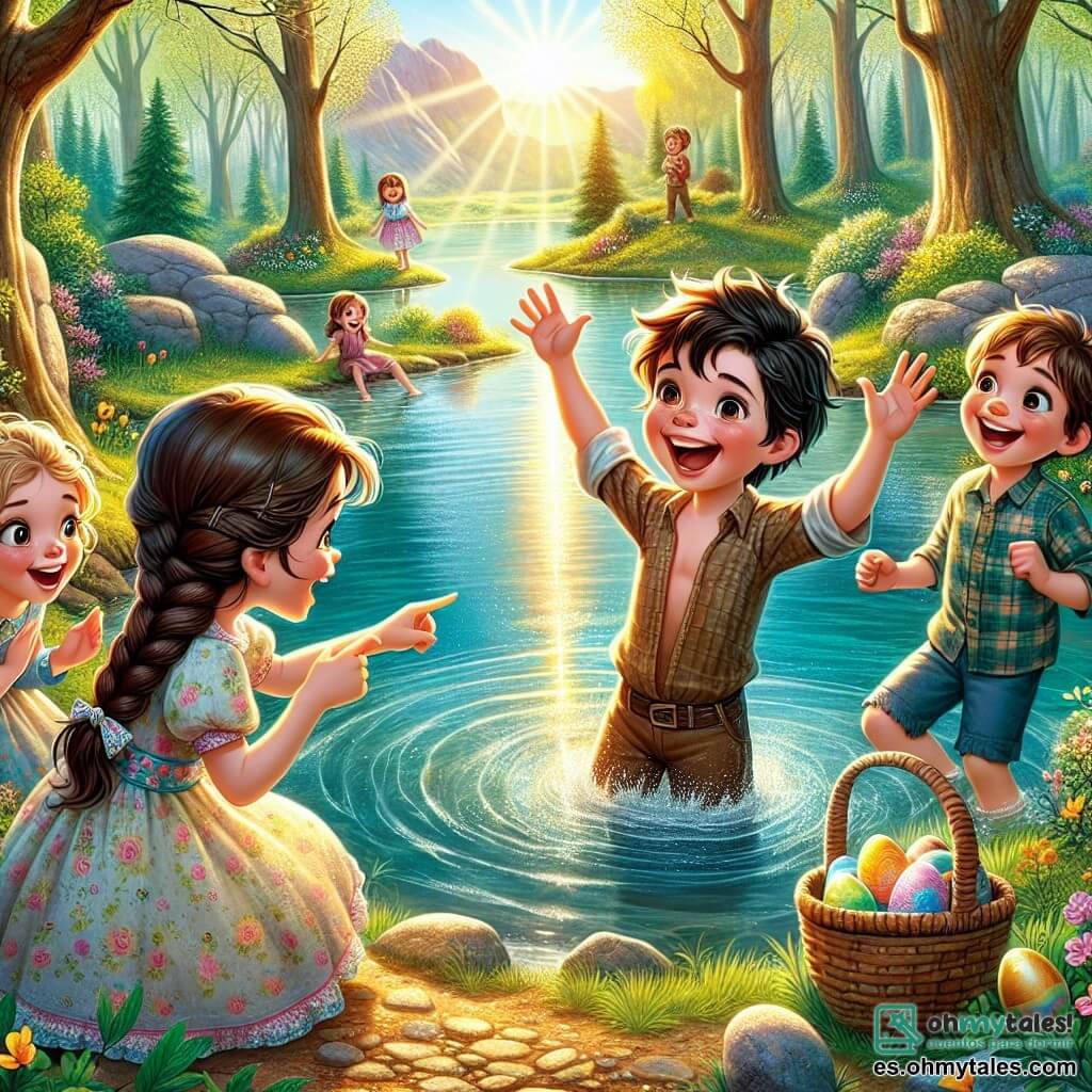 En un hermoso bosque en primavera, cuatro niños se reúnen alrededor de un gran lago que brilla bajo el sol. Lucas, un niño de 11 años con cabello castaño desordenado y una sonrisa radiante, está en el centro, con los brazos levantados, riendo después de caer al agua. A su derecha, Marta, una niña de 10 años con trenzas rubias, lleva un vestido colorido y mira a Lucas riendo, con las manos en las caderas. A la izquierda, Diego, un niño de 11 años con cabello corto castaño, señala un huevo de Pascua escondido en una roca, su rostro brilla de emoción. Finalmente, Sofía, una niña de 8 años con cabello rizado y un vestido de flores, está al fondo, con los ojos abiertos de sorpresa, sosteniendo una canasta llena de huevos de colores. El lugar es un bosque verde, con árboles majestuosos y flores silvestres en el suelo. El lago, de un azul brillante, refleja el cielo soleado, mientras mariposas de colores vuelan alrededor de los niños, sumando a la atmósfera alegre. La escena principal muestra a Lucas, sonriente, saliendo del agua tras su caída, mientras sus amigos ríen y se divierten buscando huevos de Pascua escondidos alrededor del lago, creando una imagen llena de alegría y amistad.