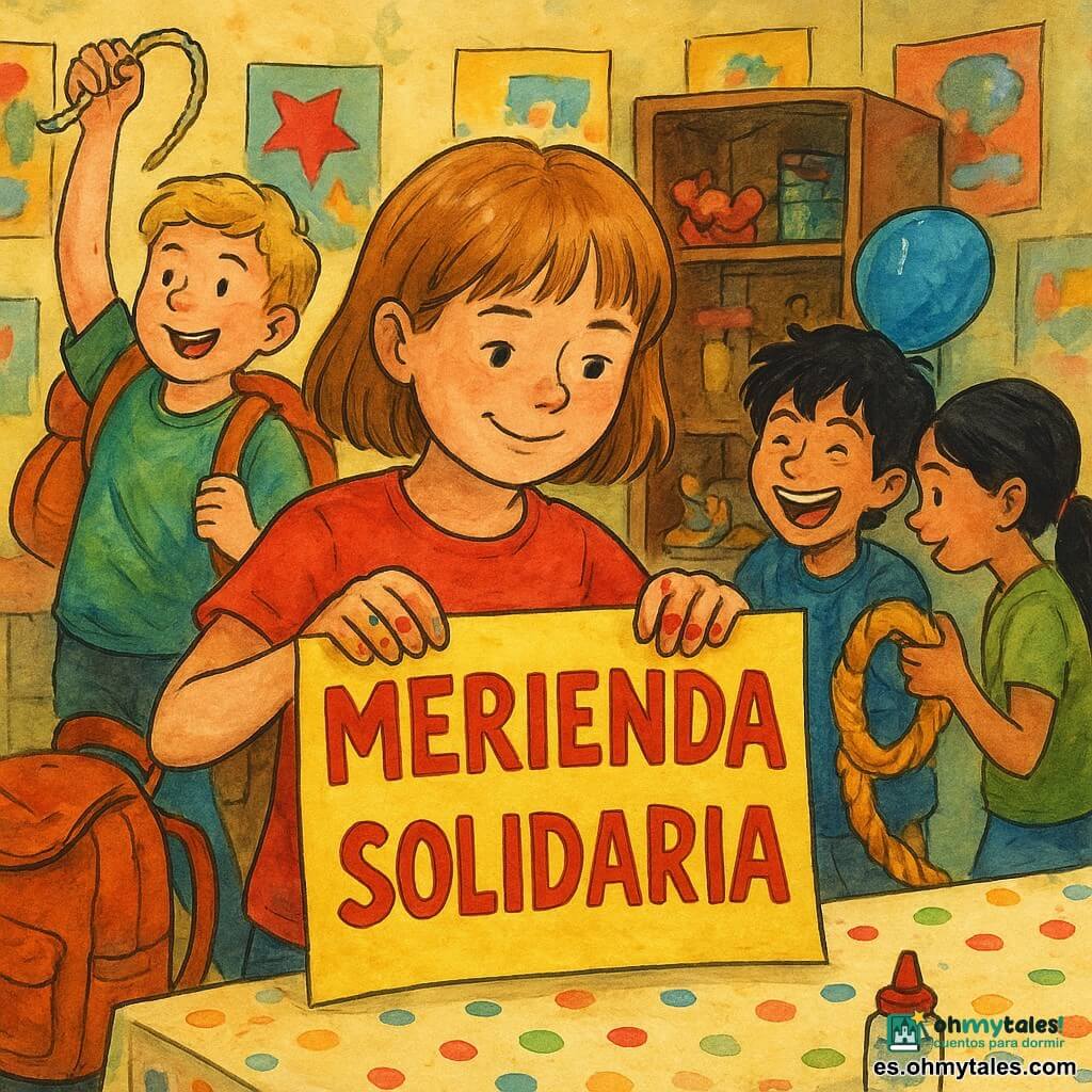 La niña protagonista, 10 años, alegre pero concentrada, cabello castaño claro en corte bob, con manchas de pintura en los dedos, sostiene un gran cartel amarillo pegando letras rojas de cartón; un niño, Leo, unos 9 años, cabello negro despeinado y sonrisa pícara, lleva un globo azul en la cabeza como sombrero y hace una mueca junto a la mesa; una niña, Salma, unos 9 años, piel oliva y coleta larga, sostiene una guirnalda de churros brillante y pegajosa inclinada hacia el armario abierto detrás de Nora; un niño, Bruno, unos 10 años, rubio y algo rellenito, lleva una mochila enorme a reventar y sostiene una cuerda alzada como trofeo a la izquierda de la mesa; la escena ocurre en una gran sala asociativa con paredes cubiertas de carteles coloridos, un armario de madera entreabierto lleno de decoraciones, mesas plegables con manteles de lunares y una caja de música retro en una estantería; situación principal: los niños preparan una merienda solidaria, la niña de 10 años pega las letras mientras los amigos se afanan entre risas y objetos improbables, ambiente caótico pero cálido, colores vivos, trazos de tinta expresiva y lavados de acuarela.