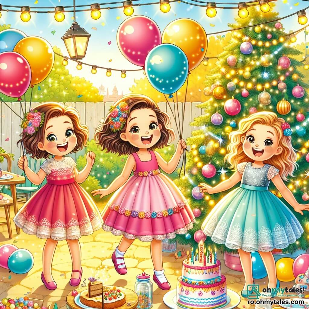Trei fete vesele, Andreea (10 ani, păr brun și creț, îmbrăcată într-o rochie roșie), Bianca (9 ani, păr blond și drept, purtând o rochie roz) și Cătălina (10 ani, păr șaten deschis și ondulat, îmbrăcată într-o rochie albastră), stau împreună într-o curte decorată pentru o petrecere de Anul Nou. Andreea este în centru, ținând baloane colorate, în timp ce Bianca, la stânga ei, râde ținând un tort decorat, iar Cătălina, la dreapta, agăță ghirlande strălucitoare pe un copac. Locul este o curte însorită, împodobită cu ghirlande luminoase și baloane plutitoare, având un brad mare de Crăciun decorat cu globuri colorate și lumini strălucitoare. Confetti strălucitoare sunt împrăștiate pe jos, iar o masă mare este plină de delicii. Fetele se distrează pregătind petrecerea, râzând și ajutându-se reciproc, în timp ce invitații încep să sosească, aducând zâmbete și bunătăți, creând o atmosferă festivă și călduroasă.