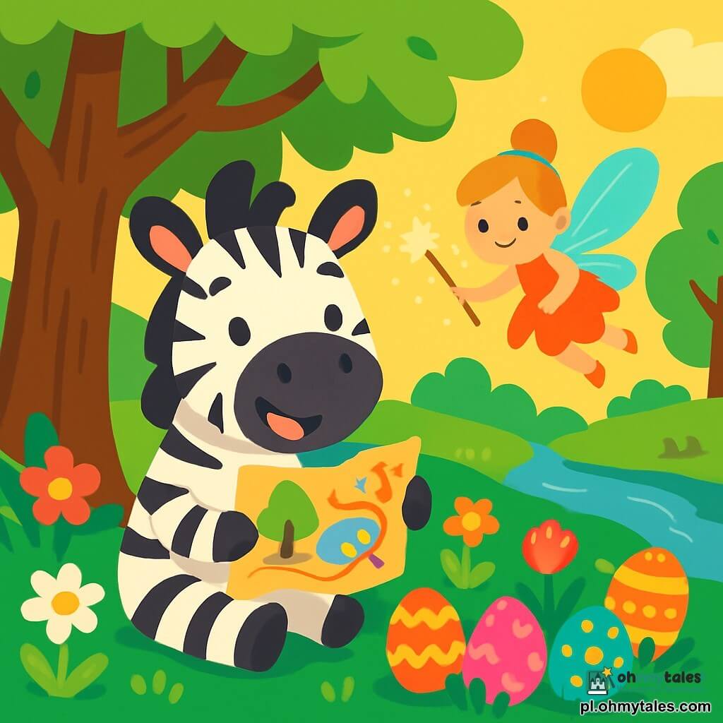Wesoły i uśmiechnięty zebra z czarno-białym paskowanym futrem siedzi pod dużym drzewem z jaskrawozielonymi liśćmi. Trzyma w przednich łapach kolorową mapę pokazującą tajemnicze miejsca w lesie. Jego oczy błyszczą ekscytacją i ciekawością. Obok niego lata mała świecąca wróżka z błyszczącymi skrzydłami i sukienką z płatków kwiatów. Uśmiecha się życzliwie i macha swoją magiczną różdżką, uwalniając złote iskry. Tło to piękny wiosenny las, pełen wielokolorowych kwiatów, promieni słońca filtrujących przez gałęzie i spokojnie płynącego strumienia w pobliżu. W tej scenie zebra i wróżka przygotowują wielkanocne poszukiwania jajek, otoczeni radosnymi zwierzętami leśnymi, które nie mogą się doczekać rozpoczęcia przygody.