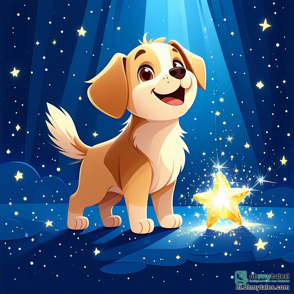 Een hond genaamd Max, met een zachte gouden vacht en sprankelende ogen, staat vrolijk in het midden van de afbeelding, kijkend naar een fonkelende ster die aan zijn voeten schittert. Max heeft een uitdrukking van verwondering en vastberadenheid, klaar om zijn vriendin te helpen. Naast hem is Stella, de mooie ster, afgebeeld met stralen van licht die van haar uitgaan, zwevend net boven de grond, met een vriendelijke glimlach op haar gezicht. De achtergrond bevindt zich in een betoverd bos, waar grote bomen met knoestige stammen een veld van kleurrijke bloemen omringen. Stralen zonlicht breken door de bladeren, wat een magische sfeer creëert. De belangrijkste situatie toont Max en Stella die zich voorbereiden om een kleurrijke regenboog te overwinnen die majestueus voor hen uitstrekt, wat de uitdaging symboliseert die ze samen moeten aangaan om Stella terug naar de lucht te brengen.
