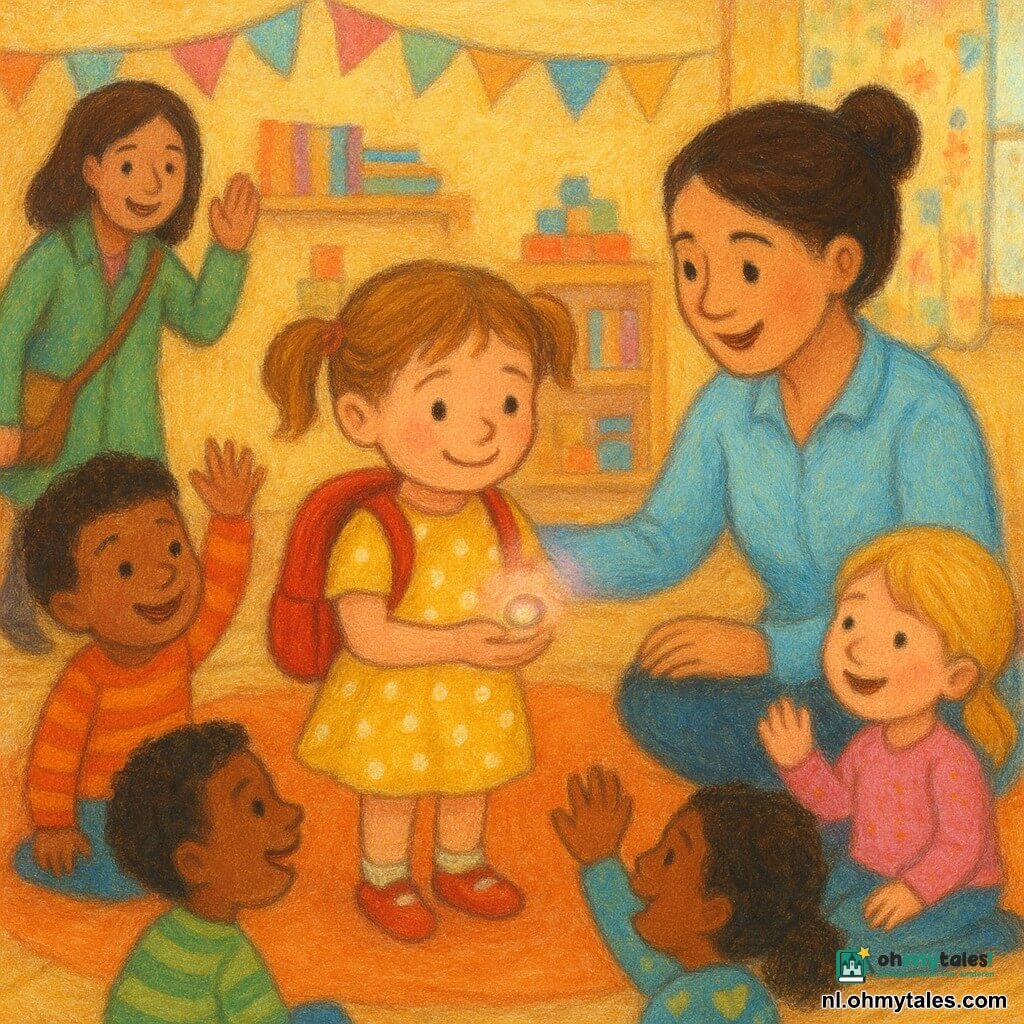 Een vriendelijk, wat verlegen meisje van 4 jaar met lichtkastanjebruine staartjes draagt een geel jurkje met witte stippen en een klein rood rugzakje; ze houdt een glanzend parelachtig steentje in haar hand en telt terwijl ze om zich heen kijkt. De juf (ongeveer 30 jaar) met bruine haar in een knot en een lichtblauwe blouse knielt glimlachend naast haar en legt zacht haar hand op de schouder van het meisje. De moeder (30–35 jaar) staat bij de deur in een groene jas met schoudertas, geeft een bemoedigend teken en laat kort de hand van het kind los. Een kring van kleuters (3–5 jaar) in kleurrijke kleren lacht en wijst terwijl ze meertellen; de klas is warm ingericht met licht houten vloer, rond oranje kleed, pastel slingers en lage planken met bouwblokken en prentenboeken. Het parelachtige steentje straalt een zacht roze-gouden licht; de scène toont een rustige, vrolijke telactiviteit met zachte lichtinval door een raam met bloemen gordijn.