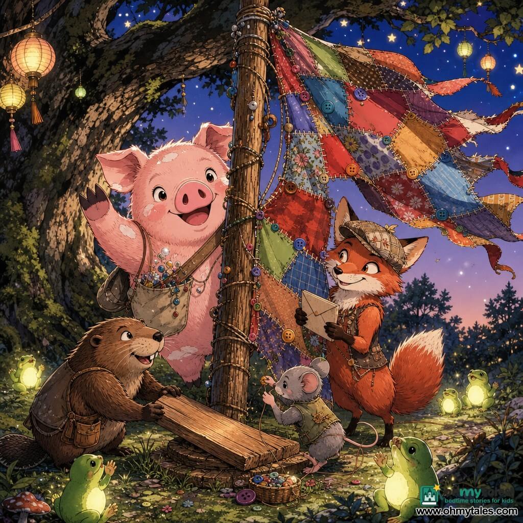 A round, rosy pig with soft pale-spotted fur, a joyful, mischievous smile and bright round eyes pops out behind a tall decorated mast, wearing an invisible pocket of tinkling pebbles and a worn canvas sack over one shoulder with one hoof raised in greeting; nearby a slim red fox named Riddle‑Rill in a beret pieced from maps grins holding a small envelope of riddles, a gray mouse with nimble fingers sews colorful buttons on the bottom of a vibrant patchwork flag of fabrics, beads and jingling buttons while a stocky beaver sets down a polished plank at the mast’s base, all in a clearing beneath an old oak with vivid grass, moss tufts, mushrooms, paper lanterns and early stars as animals applaud and tiny frog-lights twinkle around.