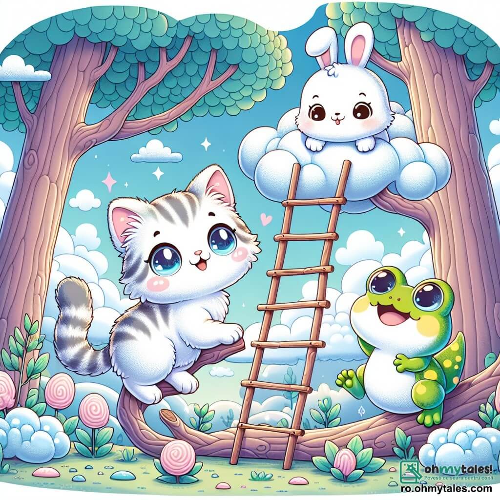 O pisicuță pe nume Miau, cu blană moale și dungi de culori pastel, stă pe o scară din crengi, cu ochii strălucind de excitație și un zâmbet mare pe față. Lângă ea, un iepuraș adorabil pe nume Buni, cu urechi mari și blană albă, se uită în jos cu o expresie îngrijorată, în timp ce o brotacică verde pe nume Pufi, cu pete galbene, sare veselă pe o ramură, râzând de situație. Scena se desfășoară într-o pădure fermecată, unde copacii sunt înalți și măreți, frunzele lor strălucind la soare, iar nori pufoși plutesc pe cerul albastru, asemănându-se cu bomboane. Miau, Buni și Pufi încearcă să ajungă la nori pentru a culege bucăți de nori pentru a crea un tort uriaș în formă de nor, plin de dulceață și magie.