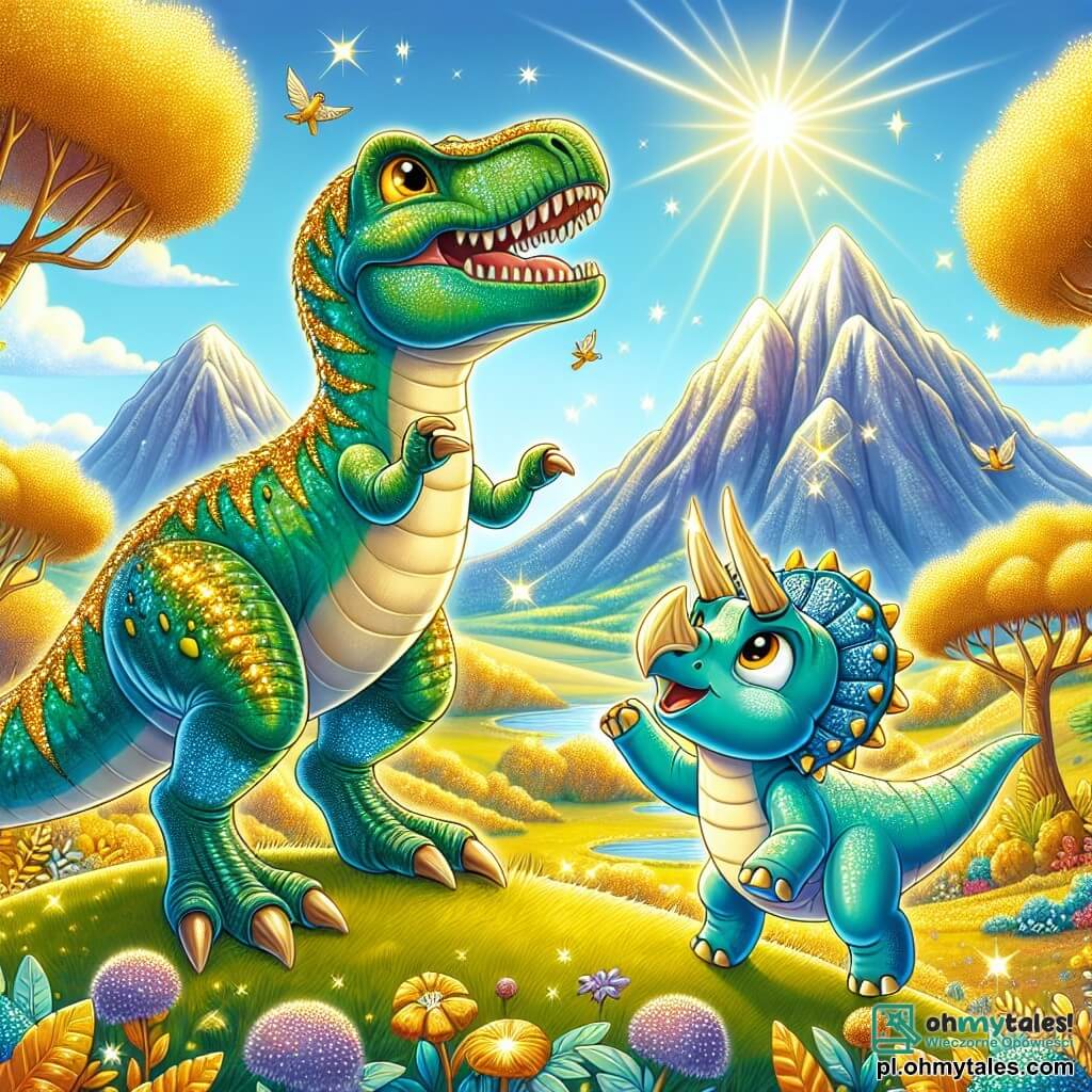 Tyrannosaurus Rex o imieniu T-Rexy, z błyszczącymi zielonymi łuskami i złotymi oczami pełnymi ekscytacji, dumnie stoi na szczycie wzgórza, z szerokim uśmiechem spoglądając w niebo. Obok niego jego przyjaciel Triceratops, Trik, z niebieską skórą i trzema majestatycznymi rogami, skacze z radości, jego oczy szeroko otwarte z szczęścia, gdy patrzy na T-Rexy. Scena rozgrywa się w pięknej Złotej Dolinie, gdzie drzewa o złotych liściach lśnią w słońcu, a kolorowe kwiaty kwitną wokół nich, tworząc bajkowy krajobraz. W tle wznoszą się majestatyczne góry, a błękitne niebo rozciąga się w nieskończoność. Główna sytuacja pokazuje T-Rexy i Trika świętujących swoje zwycięstwo po znalezieniu trzech cennych skarbów, otoczonych aurą magii i złotego światła, symbolizującą ich przyjaźń i odwagę w obliczu wyzwań.