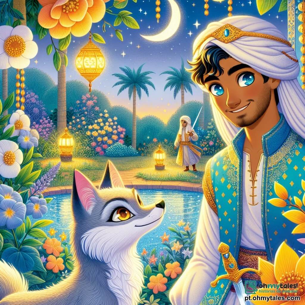 Salim, um homem de cerca de trinta anos, tem olhos cheios de curiosidade e um sorriso caloroso. Ele veste uma túnica de seda azul-clara com padrões dourados e segura uma espada cintilante na mão direita, olhando maravilhado para um jardim secreto. Ao seu lado, Nura, uma raposa de pelagem azul-azul, se mantém orgulhosamente, seus olhos âmbar brilhando de inteligência, observando atentamente Salim. O jardim é um verdadeiro quadro vivo, com flores de pétalas douradas, jasmim perfumado e majestosos coqueiros, tudo banhado pela suave luz de uma lua crescente. Salim está à beira de um lago cintilante, pronto para descobrir os segredos deste lugar encantador, enquanto murmúrios de flores dançam ao seu redor, criando uma atmosfera mágica e misteriosa.