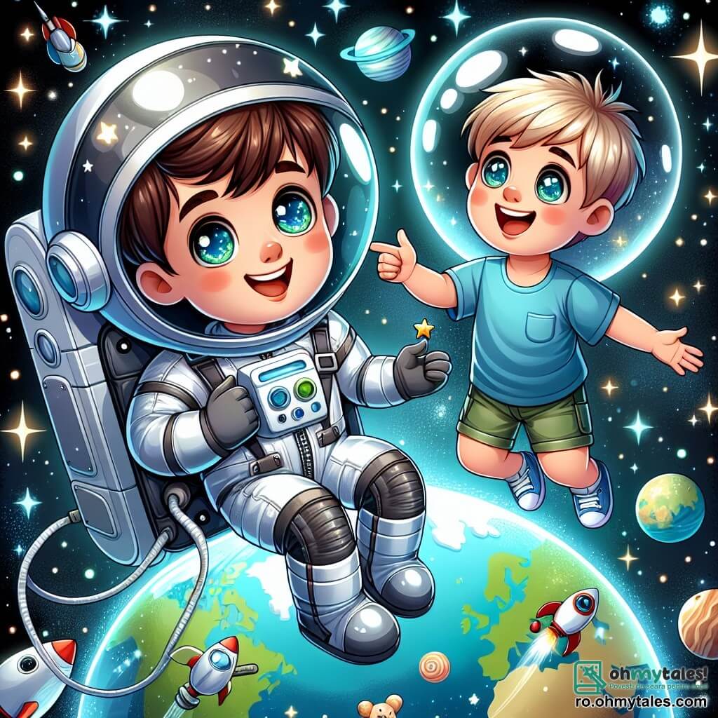 Un astronaut masculin, zâmbitor și entuziast, plutește în spațiu, îmbrăcat într-un costum spațial strălucitor cu reflexii argintii. Are părul brunet și ochii strălucitori de curiozitate, ținând un steag mic cu o stea. Aproape de el, un băiat tânăr de aproximativ 8 ani, cu părul blond și ochii mari de uimire, îl privește pe astronaut cu admirație. Poartă un tricou albastru și o pereche de pantaloni scurți, plutind ușor într-o capsulă spațială în formă de bulă, înconjurat de jucării spațiale. Locul este un vast spațiu negru presărat cu stele strălucitoare și planete colorate, cu o vedere spectaculoasă a Pământului în fundal, vizibil ca o bilă albastră și verde. Situația principală arată astronautul și băiatul schimbând zâmbete, astronautul explicând minunile spațiului, în timp ce băiatul visează să devină și el un explorator al stelelor.
