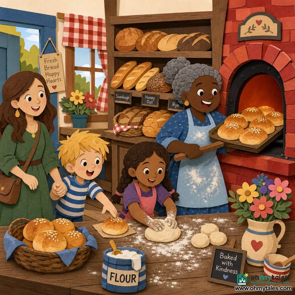 The main character is a smiling female baker with a round face, gray hair in a bun, a flour-dusted powder-blue apron, holding a large wooden rolling pin and pulling a tray of golden rolls from a slightly smoking red-brick oven; a 30-year-old female teacher with brown hair down and a green dress stands left by the door holding a boy’s hand; an 8-year-old blond boy in a striped T‑shirt, eyes wide, reaches for a roll on the table at right foreground; a 7-year-old girl with brown hair in two braids and floury hands shapes a dough ball at the center; the cozy bakery has wooden shelves of bread, red-and-white check curtains, a flower pot on the counter, flour specks on the worktop and soft morning light while children laugh and shape dough around a large wooden table as the baker removes golden loaves from the oven.
