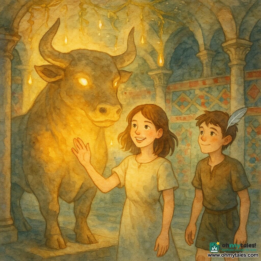 A young woman of about 17 with mid-length honey-brown hair, a soft determined face and sparkling green eyes places an open hand on the flank of a large stone bull statue and smiles with serene emotion; a 16-year-old boy with short chestnut hair, dirt on his knees and a silver feather tucked behind his ear stands slightly behind her to the right, watching her with admiration. They are in an underground labyrinth chamber with ancient stone walls, colorful mosaics, polished marble floors, slender columns, hanging golden vines and small puddles reflecting warm light. The bull’s eyes slowly light up with a golden aura and droplets fall from the vines while the silver feather glows softly, illuminating their faces—a magical awakening and a moment of faithful friendship.