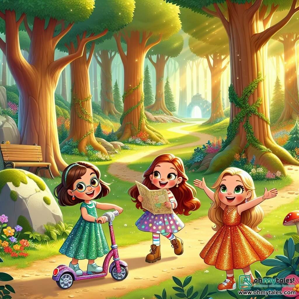 In a sunny clearing of the enchanted forest, three little girls stand together, ready for adventure. Lily, an 8-year-old with brown hair and round glasses, is on her sparkling scooter, smiling enthusiastically. Mia, a 7-year-old with chestnut hair and sparkling eyes, dances joyfully next to an old moss-covered rock, holding an ancient map in her hands. Sophie, a 9-year-old with long blonde hair and a colorful dress, points to the mysterious path ahead, her face lit up with excitement. The clearing is surrounded by majestic trees with thick trunks, their leaves shining in the sun like emeralds. Colorful flowers dot the ground, and a gentle stream murmurs nearby, adding to the magical atmosphere. The three friends are preparing to follow the map to discover the hidden rainbow stone in the forest, their faces radiant with anticipation and joy, ready to overcome the challenges ahead.