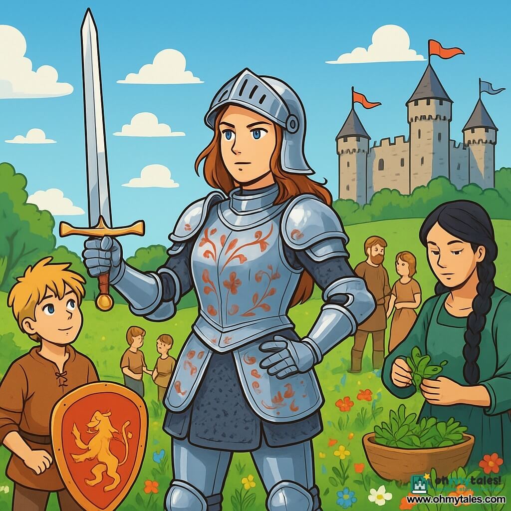 A knightess, Lady Elin, stands proudly at the center of the image, clad in shining armor adorned with floral patterns. Her face shows determination and wisdom, with deep blue eyes and chestnut hair flowing beneath her helmet. She wields a sparkling sword, ready to defend peace. Beside her, her squire, Tomas, a 12-year-old boy with tousled blonde hair, watches in admiration, holding a shield decorated with symbols of bravery. Further away, Maela, a healer around 30 with long braided black hair, prepares medicinal herbs, her focus on the task. The setting is a green field dotted with colorful wildflowers, under a clear blue sky with a few fluffy white clouds. In the background, Lornhold Castle stands majestically, its gray stone towers shimmering in the sun. The main scene shows Lady Elin and her companions discussing with villagers, joining forces to establish a peace pact, while a gentle breeze makes the colorful flags atop the castle walls dance.