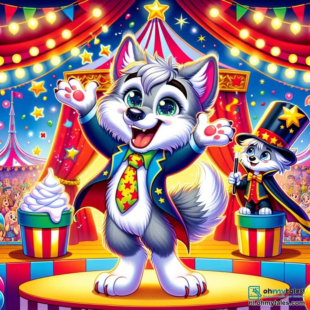 Een jonge wolf met grijze vacht en sprankelende ogen, genaamd Wolfje, staat in het midden van het podium met een grote blije glimlach op zijn gezicht. Hij draagt een kleine rode clownshoed en een kleurrijke stropdas, terwijl hij zich voorbereidt om in een grote emmer slagroom te springen, zijn poten enthousiast omhoog. Naast hem kijkt Max, een jonge goochelaar met een sterrencape en een puntige hoed, vol bewondering met glinsterende ogen van opwinding. Hij houdt een toverstok vast, klaar om confetti tevoorschijn te toveren. De achtergrond is een flamboyante circussetting met rood-witte gestreepte tenten, fonkelende lichten en kleurrijke ballonnen die in de lucht zweven. Toeschouwers lachen en applaudisseren rondom het podium, wat een feestelijke en vrolijke sfeer creëert. Wolfje staat op het punt zijn komische act uit te voeren, klaar om in de slagroom te duiken, terwijl het publiek vol verwachting wacht en zich vermaakt met de hilarische situatie.