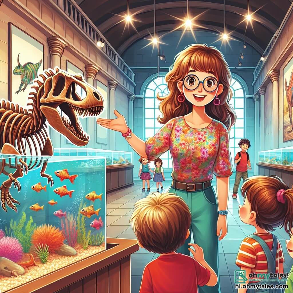 Een juf, mevrouw Lotte, is een glimlachende vrouw met lang kastanjebruin haar en ronde bril. Ze draagt een kleurrijke blouse en een spijkerbroek, en ze laat een groot dinosaurus-skelet zien aan de kinderen, die met opgewonden ogen kijken. Sam, een 8-jarig jongetje met rommelig blond haar en een rode t-shirt, steekt enthousiast zijn hand op, terwijl Noor, een 7-jarig meisje met bruine vlechten en een bloemenjurk, verwonderd naar de dinosaurus kijkt, met open mond van verbazing. De locatie is de hal van een natuurhistorisch museum, met muren versierd met kleurrijke posters over dinosaurussen en aquaria vol exotische vissen. Zachte verlichting verlicht de ruimte, wat een magische en uitnodigende sfeer creëert. De belangrijkste situatie toont mevrouw Lotte die de kinderen de betekenis van dinosaurussen uitlegt, terwijl ze gefascineerd naar het enorme skelet kijken, geboeid door het leren en het avontuur dat hen te wachten staat.