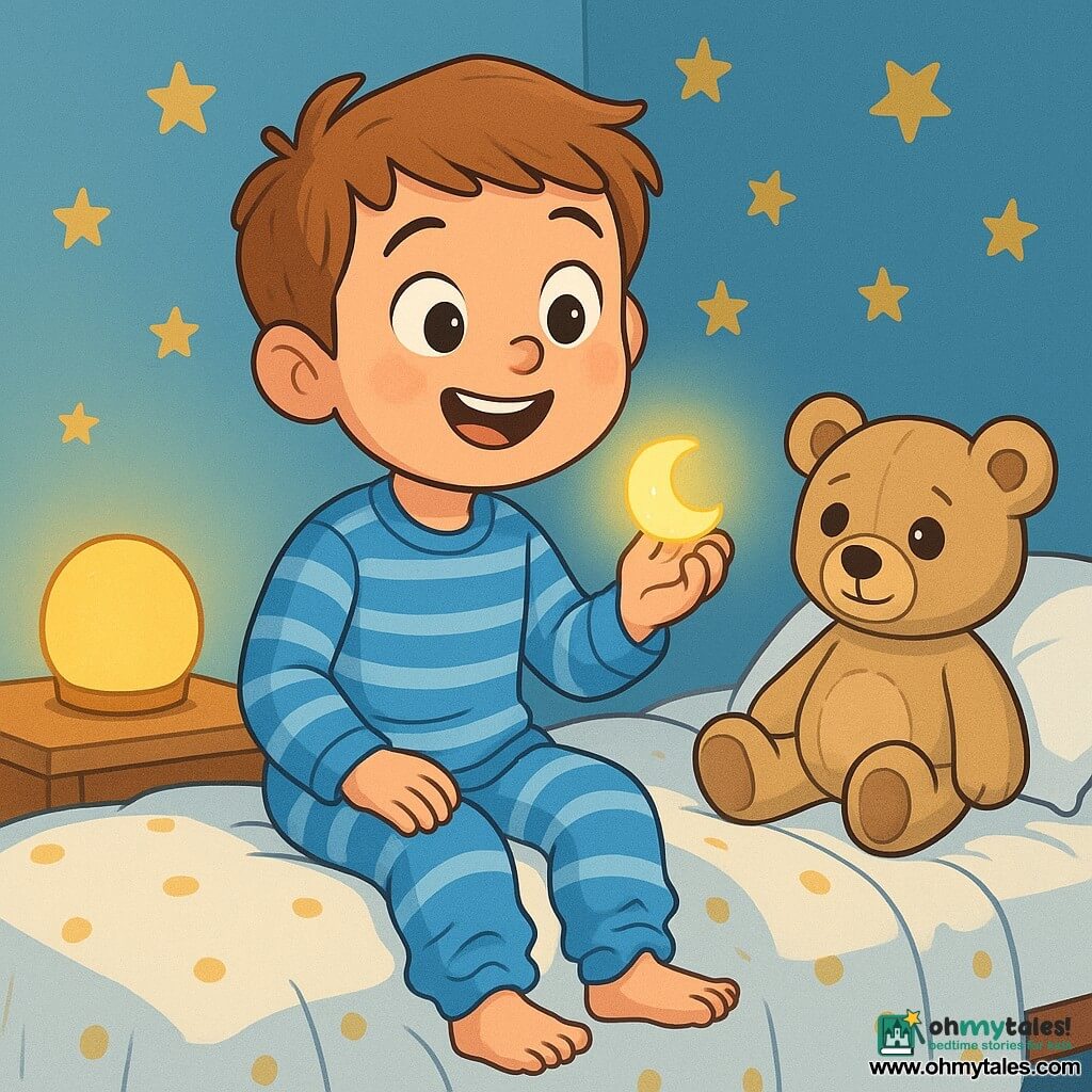 A happy, astonished 6-year-old boy with light brown short hair in blue-and-white striped pajamas sits on the edge of a small cozy pale-blue bedroom bed, holding a small glowing moon button in his palm and about to press it with a mischievous, curious look; his pajamas ripple gently as if animated. To his right on the bed sits Captain Snuffles, a beige teddy bear with one eye larger and a floppy ear, watching with a conspiratorial expression. The room has golden star stickers, a white duvet with yellow dots and a round yellow nightlight casting warm light, creating a calm, whimsical, comforting scene.