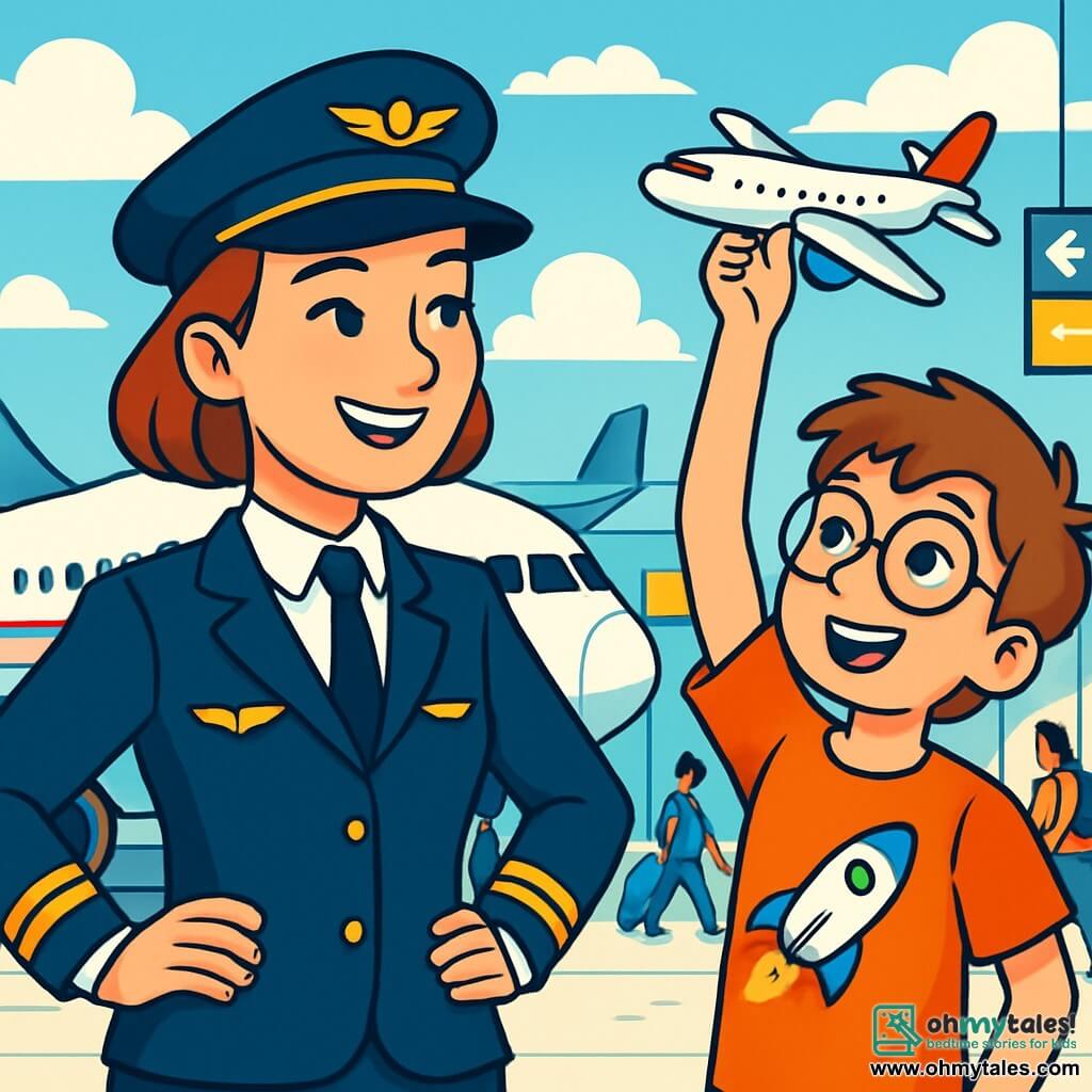 A female pilot, Captain Amelia, stands proudly in front of a large airliner, her navy blue uniform impeccably pressed and her black hat slightly tilted on her head. She has a warm smile and sparkling eyes filled with excitement, her hands on her hips. Next to her is a ten-year-old boy named Leo, wearing round glasses and a rocket-patterned t-shirt, holding a plastic airplane model up to the sky, his face beaming with curiosity. The backdrop is a busy airport, with planes in the distance on the runway, passengers heading to their boarding gates, and colorful display boards indicating destinations. The scene captures the moment Captain Amelia shares her pilot adventures with Leo, surrounded by the hustle and bustle of the airport, while white clouds float in a bright blue sky.