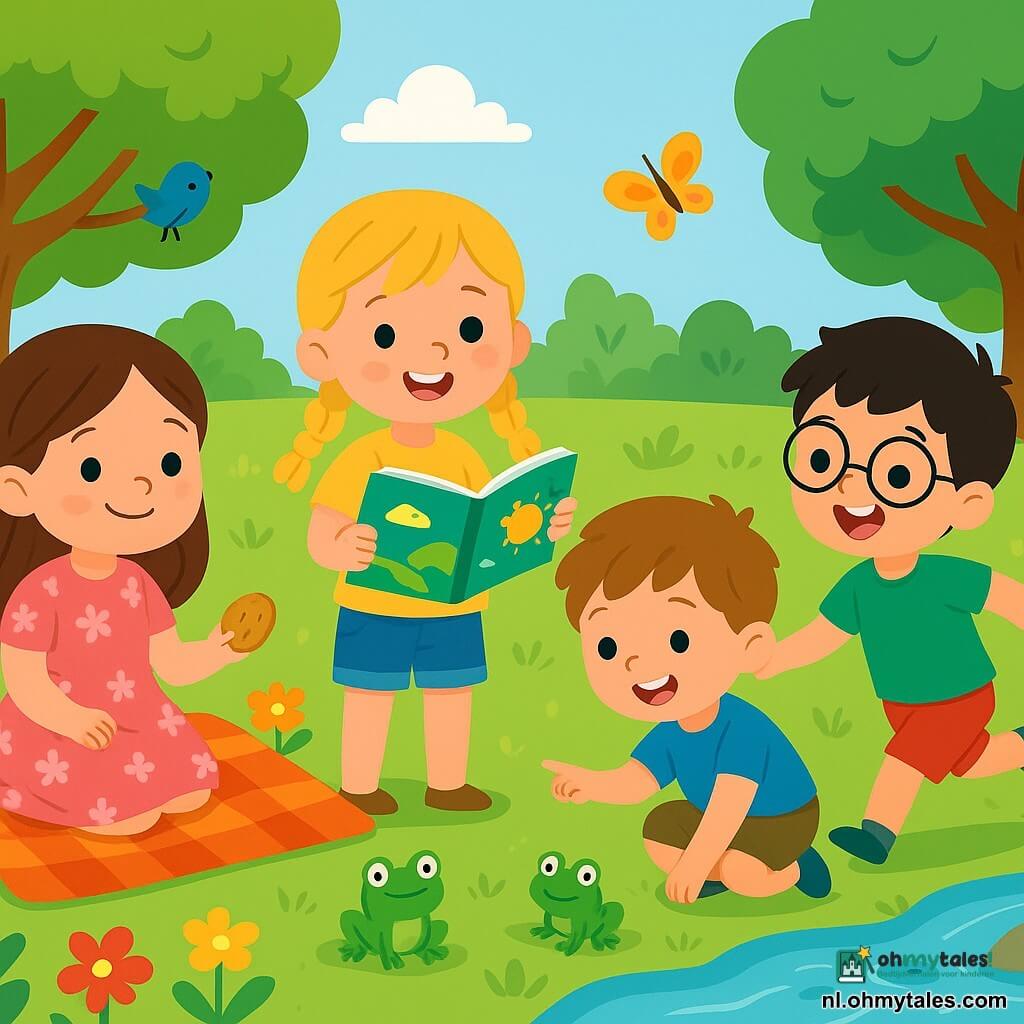 Er zijn 4 kinderen: Emma: een 3-jarig meisje met lange bruine haren, gekleed in een roze bloemenjurk. Ze zit op een geruit dekentje, glimlachend, met een koekje in de hand. Sophie: een 3-jarig meisje met een vlecht van blond haar, in een gele t-shirt en denim shorts. Ze staat naast Emma en toont een prentenboek. Lucas: een 3-jarige jongen met rommelig kastanjebruin haar, gekleed in een blauwe t-shirt en korte broek. Hij zit bij de rand van de rivier en telt de kikkers. Finn: een 3-jarige jongen met zwart haar en ronde brillen, in een groene t-shirt en rode shorts. Hij staat lachend en rent achter een klein winderig hoekje van het dekentje aan. De locatie is een zonnig park vol kleurrijke bloemen, grote bomen met levendige groene bladeren en een glinsterende rivier die door het landschap slingert. Vogels zingen in de takken en vlinders dansen rond de kinderen. De hoofdsituatie toont de kinderen die genieten van een vrolijk picknick, lachend en spelend samen, omringd door de schoonheid van de natuur, met kikkers die in de rivier springen en een lichte bries die de bladeren laat bewegen.
