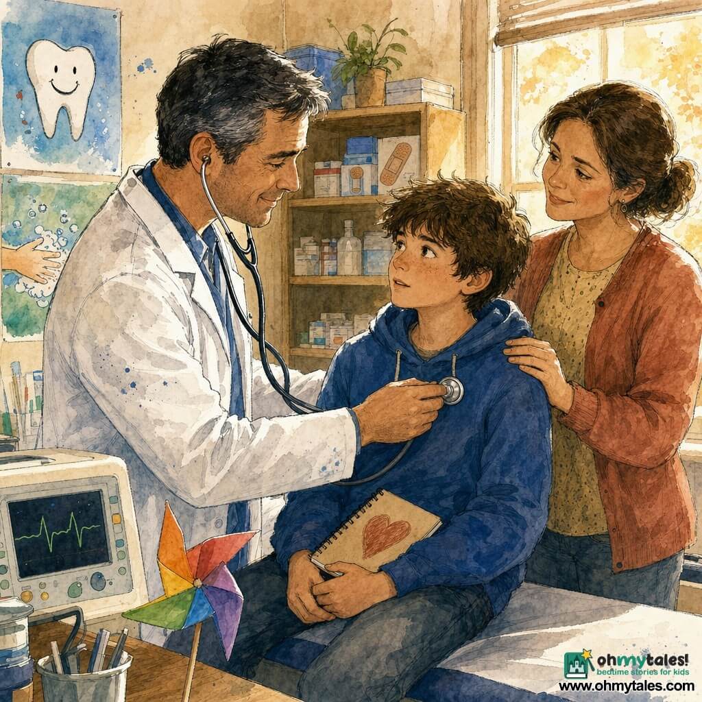 A kind, focused male doctor with short black hair streaked with gray and a slightly ink-stained white coat places a stethoscope on 12-year-old Leo’s chest while smiling and explaining calmly; Leo, a tousled brown-haired boy in a blue hoodie, sits on the exam table looking curious and a bit worried, holding a small notebook with a heart drawing, and his aunt, Mrs. Campos, a 35–40-year-old woman with olive skin and tied-back hair in casual clothes, stands behind him with a reassuring hand on his shoulder, relieved and attentive. The small clinic is warm in late-afternoon light with colorful health posters and a shelf of dressings; the ECG shows a wavy line. Mood calm, educational and comforting; style colored ink with soft lines and watercolor textures, warm reassuring palette.