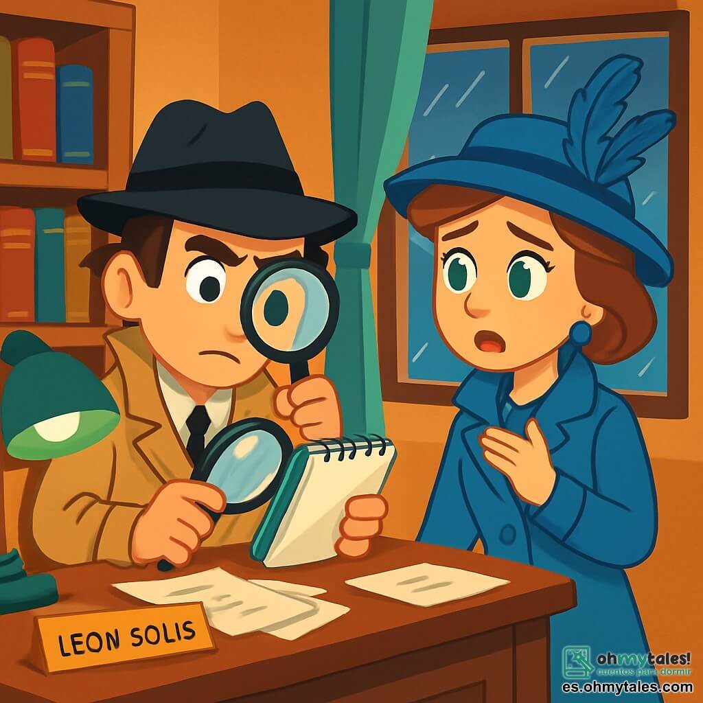 Un hombre detective, León Solís, está sentado en su antiguo escritorio de madera, con una expresión concentrada y decidida en su rostro. Lleva un trench coat beige y un sombrero fedora negro, con el cabello castaño ligeramente despeinado. Sostiene una lupa en una mano y un cuaderno en la otra, rodeado de papeles esparcidos. A su lado, una mujer elegante, Clara Ríos, de unos 35 años, está de pie, visiblemente ansiosa. Lleva un abrigo azul brillante y un sombrero adornado con plumas, sus ojos verdes brillan de preocupación mientras le explica la situación. La escena transcurre en una pequeña oficina de detective, con paredes cubiertas de libros antiguos, una lámpara de escritorio que ilumina débilmente la habitación, y una ventana donde se puede ver la lluvia caer afuera. León escucha atentamente a Clara, quien le cuenta sobre el robo de su valioso collar de esmeraldas, mientras una atmósfera de misterio y tensión flota en el aire.