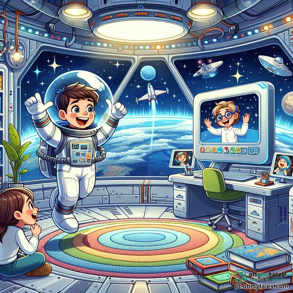 Um astronauta chamado Pedro, com um grande sorriso e olhos brilhantes, flutua em uma estação espacial. Ele veste um traje espacial branco com detalhes coloridos e segura uma pequena tela de videoconferência. Na tela, vê-se Ana, uma menina de cerca de 8 anos, com longos cabelos castanhos e óculos, que olha para Pedro com admiração. Ela está sentada em uma mesa cheia de livros sobre o espaço. Ao lado dela, Lucas, um menino de 7 anos com cabelos loiros bagunçados, levanta os braços em sinal de empolgação, sentado em um tapete colorido. A cena acontece dentro de uma estação espacial futurista, com paredes prateadas, janelas que oferecem uma vista espetacular da Terra azul e estrelas brilhantes. Equipamentos científicos e plantas em vasos flutuam ao redor deles. A situação principal mostra Pedro explicando às crianças como ele flutua no espaço, enquanto Ana e Lucas escutam atentamente, com os rostos iluminados pela curiosidade e admiração.