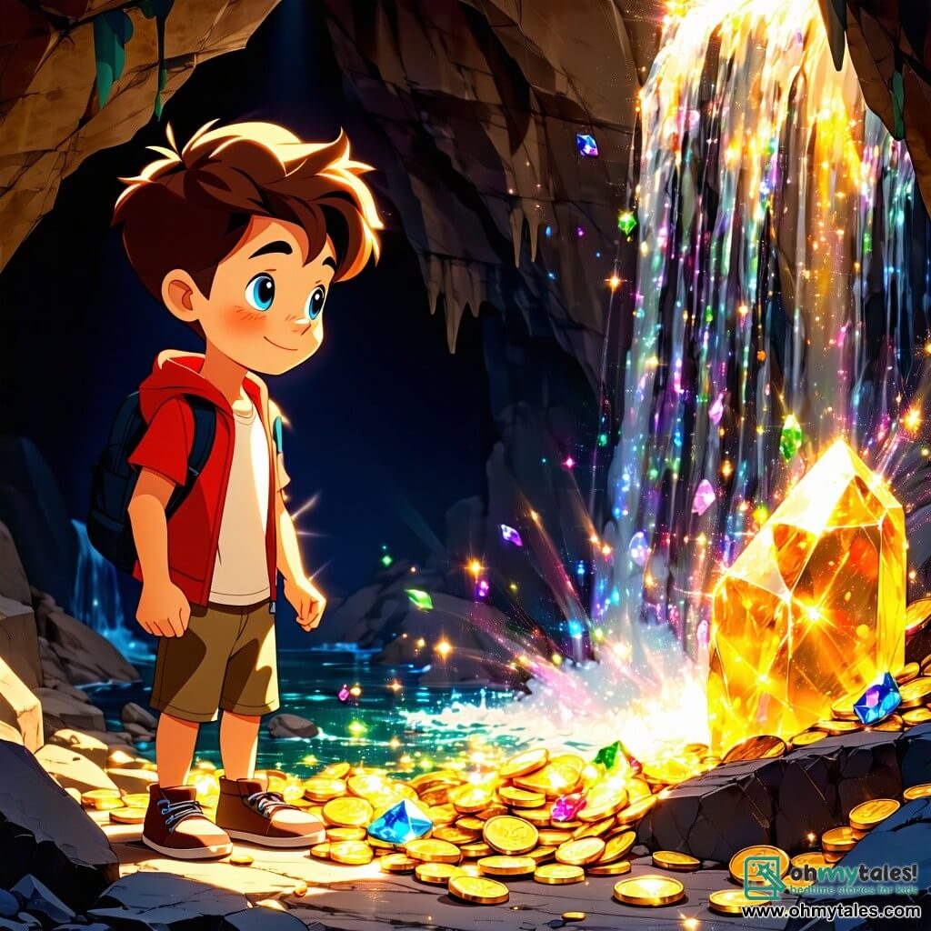 A young boy named Felix, around 10 years old with messy brown hair and sparkling blue eyes, stands at the edge of an underground waterfall. He gazes in wonder at a shimmering treasure of gold coins and colorful jewels, his face illuminated by the magical light emanating from a crystal at the center of the scene. Beside him, his friend Leo, also a 10-year-old boy with round glasses and brown hair, carefully studies the ancient map they found, his expression focused and determined. The setting is a vast, mysterious cave with gleaming stone walls adorned with bright crystals and stalactites, while a soft golden light reflects off the clear water of the pool. The waterfall cascades forcefully, creating a magical and adventurous atmosphere. The main situation shows Felix and Leo, amazed, discovering the hidden treasure while being aware of the danger lurking, ready to defend their find against a mysterious rival.