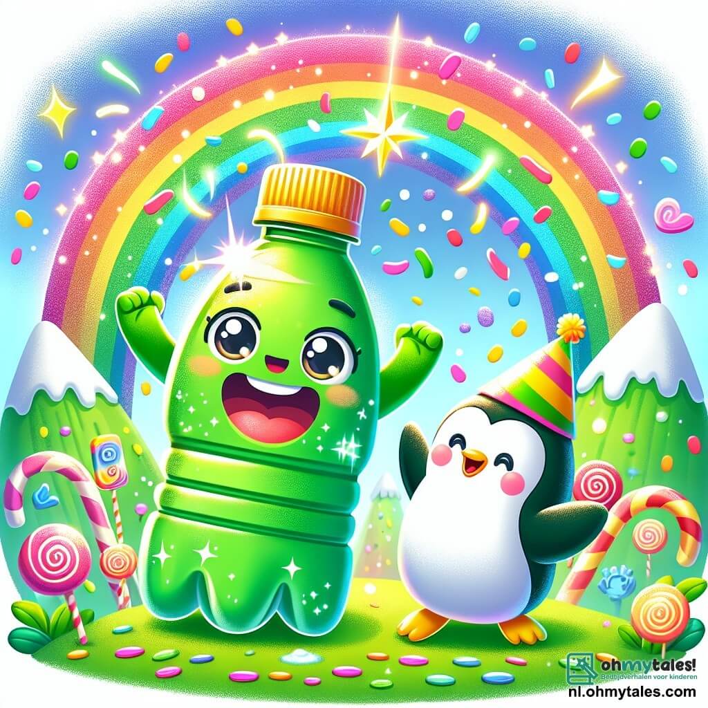 Een hoofdpersonage, een groene plastic fles met een grote glimlach en sprankelende ogen, danst vrolijk onder een regen van kleurrijke confetti, met zijn armen in de lucht, vol energie en geluk. Naast hem springt een kleine pinguïn met zachte, witte veren en een feesthoed op zijn hoofd van blijdschap, zijn gezicht straalt van opwinding. Een heldere regenboog strekt zich boven hen uit en verlicht de scène met felle kleuren. De achtergrond is een berg snoep, met zuurstokkenbomen en zingende bloemen die om hen heen bloeien, wat een magische en speelse sfeer creëert. De hoofdscène toont de fles en de pinguïn die samen vieren, omringd door hun zoete vrienden, in een vrolijke dans, terwijl een fonkelende ster uit de lucht valt en het landschap in een feeëriek spektakel verandert.