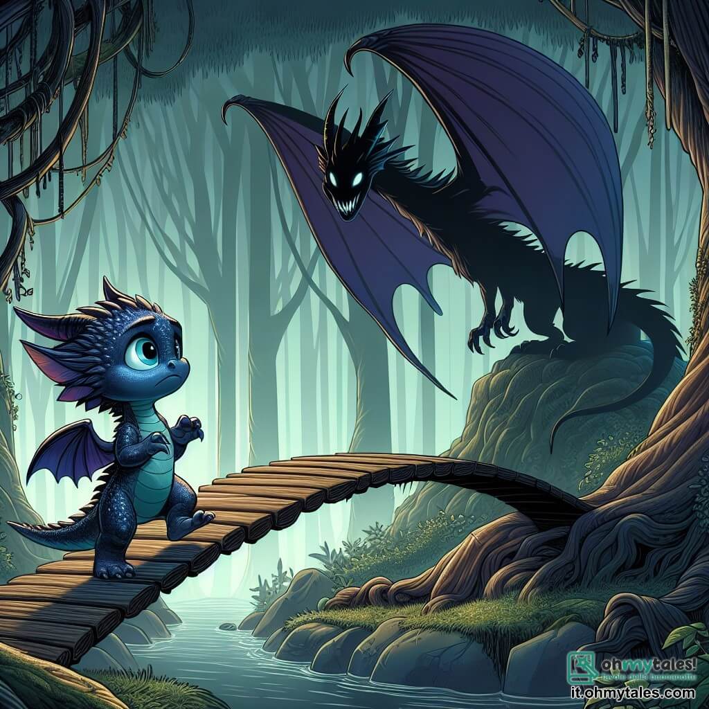 Un piccolo drago dalle squame scintillanti, di un blu profondo, si trova sul bordo di un ponte sospeso sopra un abisso oscuro. I suoi occhi brillano di una luce di preoccupazione, ma anche di determinazione, mentre prende un profondo respiro per avanzare. Sullo sfondo, una creatura misteriosa con ali di pipistrello e corna affilate osserva il drago con un sorriso malizioso, appollaiata su un ramo d'albero contorto. Sembra divertita, ma anche incuriosita dal coraggio del piccolo drago. Il luogo è una foresta incantata, con alberi alti e imponenti, tronchi coperti di liane e muschio, e una leggera nebbia che fluttua sopra il suolo, creando un'atmosfera magica e inquietante. La situazione principale mostra il drago esitante sul ponte, pronto ad affrontare la sua paura per attraversare l'abisso, mentre l'ombra della creatura incombe su di lui, aggiungendo una tensione palpabile al momento.