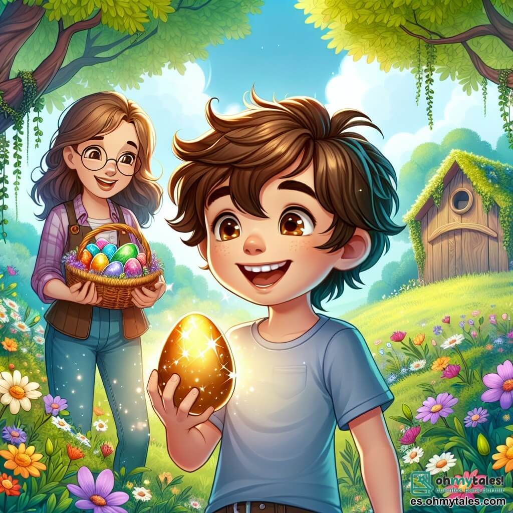 Un niño de 12 años, Lucas, con cabello castaño desordenado y ojos llenos de curiosidad, está en el centro de la imagen, sosteniendo un huevo dorado brillante en sus manos, con una expresión de emoción y alegría. A su lado, su madre, una mujer de unos 35 años, con cabello castaño y gafas redondas, sonríe orgullosa mientras sostiene una canasta llena de chocolates de colores, observando a su hijo. El escenario es un claro verde en el bosque, rodeado de majestuosos árboles de hojas brillantes y flores silvestres multicolores en el suelo, creando una atmósfera mágica de primavera. Al fondo, una vieja cabaña de madera cubierta de hiedra añade un toque misterioso a la escena. Lucas, maravillado, acaba de descubrir un huevo dorado brillante escondido entre las flores, listo para abrirlo y revelar el tesoro que contiene, mientras su madre lo anima con una cálida sonrisa, creando una atmósfera de alegría y aventura.