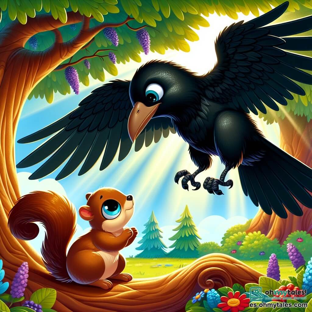 Un cuervo de plumas negras brillantes y ojos chispeantes de curiosidad, posado en una rama de árbol, observa con determinación a una pequeña ardilla de pelaje marrón y grandes ojos tristes, sentada en el suelo con las patas temblorosas. La escena se desarrolla en un claro soleado, rodeado de majestuosos árboles de hojas verdes brillantes, con flores coloridas que bailan al viento. El cuervo, con una expresión de valentía en su rostro, extiende un ala hacia la ardilla, listo para ayudarla a encontrar su preciada nuez perdida. La ardilla, llena de esperanza, levanta la mirada hacia su amigo alado, mientras un suave rayo de sol ilumina su amistad naciente.