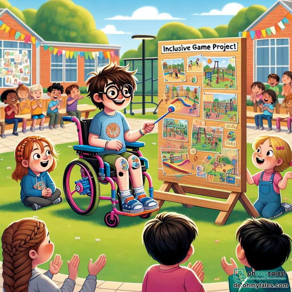 Ein 8-jähriger Junge, Max, lächelt und ist voller Leben, sitzt in seinem bunten Rollstuhl, hat unordentliche braune Haare und eine runde Brille. Er schaut begeistert auf ein großes Präsentationsschild ihres Spielprojekts, seine Augen leuchten vor Stolz. Neben ihm ermutigt Mia, ein 8-jähriges Mädchen mit geflochtenen blonden Haaren und einem rosa T-Shirt, ihn, indem sie die Arme hebt, während Tom, ein 8-jähriger Junge mit schwarzen Haaren und einem blauen Hoodie, auf einen Teil ihres Plans zeigt, beide stehen neben ihm. Der Ort ist ein sonniger Schulhof, umgeben von bunten Wänden, mit grünen Bäumen und Kinderzeichnungen an den Wänden. In der Mitte zeigt ein großes Holzschild ihr inklusives Spielprojekt mit Illustrationen von angepassten Schaukeln und Rampen. Die Hauptsituation zeigt Max und seine Freunde, die ihr inklusives Spielprojekt ihren Mitschülern und Lehrern präsentieren, die sich um sie versammelt haben, aufmerksam zuhören und applaudieren, was eine Atmosphäre der Freude und Kameradschaft schafft.