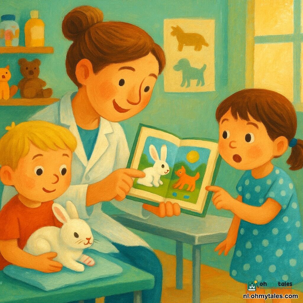 Een vriendelijke vrouwelijke dierenarts met lichtbruin opgestoken haar en een witte blouse knielt en toont een kleurrijk prentenboek aan twee kinderen: links een ongeveer 6‑jarig blond jongetje zit met een klein wit konijntje met hazelnoten ogen en een lichtroze verbonden poot op een zachte handdoek; rechts een ongeveer 5‑jarig bruinharig meisje in een lichtblauw stippenjurkje wijst verwonderd naar een bladzijde. De lichte kliniek heeft pastelgroene muren, houten planken met potjes en knuffels, een glimmende onderzoekstafel, eenvoudige dierenposters en een groot raam dat warm licht binnenlaat. Sfeervol, geruststellend tafereel in felle kleuren, eenvoudige vormen en zichtbare acrylverftextuur.