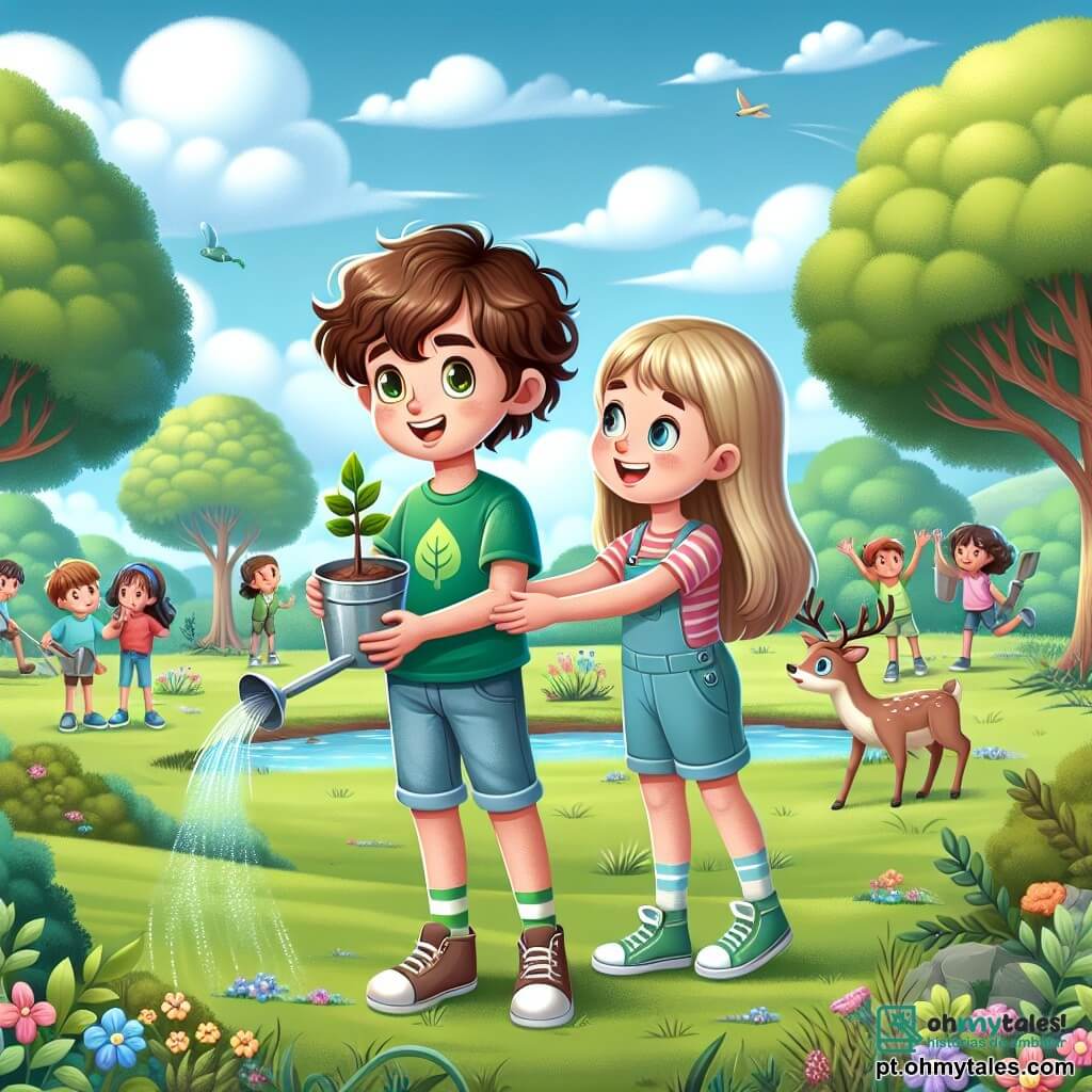 Um garoto de 12 anos, Lucas, com cabelos castanhos e cacheados, e um grande sorriso de entusiasmo, está plantando uma muda em um parque verdejante. Ele usa uma camiseta verde com um desenho de folha e um short de jeans, mostrando seu compromisso com a ecologia. Ao lado dele, sua melhor amiga Giovana, uma menina de 11 anos com cabelos longos e loiros, o incentiva com um olhar admirativo, segurando um regador cheio de água para ajudar a regar as plantas. Ao fundo, há um grupo de crianças de diferentes idades, todas envolvidas em atividades de limpeza e plantio, criando uma atmosfera de camaradagem e alegria. O parque está repleto de flores coloridas, árvores majestosas e um pequeno lago cintilante, onde patos saltitam alegremente. A cena transmite uma sensação de cooperação e esperança, ilustrando a importância de preservar a natureza.