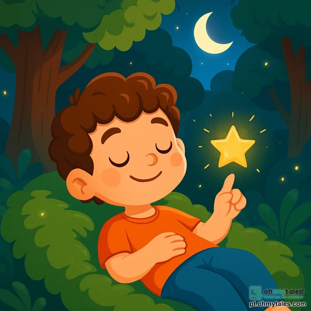 Um menino de 6 anos, chamado Lucas, com cabelos castanhos e cacheados, e olhos brilhantes de curiosidade, está deitado em uma cama de musgo verde e macio. Ele tem um sorriso sereno no rosto, com as bochechas levemente rosadas, e fecha os olhos, respirando profundamente. Ao lado dele, uma pequena estrela brilhante flutua delicadamente acima de seu dedo, emitindo uma suave luz dourada. O local é uma floresta encantada, banhada pela luz suave da lua. Árvores majestosas com troncos grossos e folhas luminosas dançam suavemente ao vento, enquanto vagalumes iluminam o ar com um brilho mágico. A cena principal mostra Lucas adormecendo pacificamente, cercado pela beleza da natureza, enquanto a estrela o vigia, criando uma atmosfera de calma e serenidade.