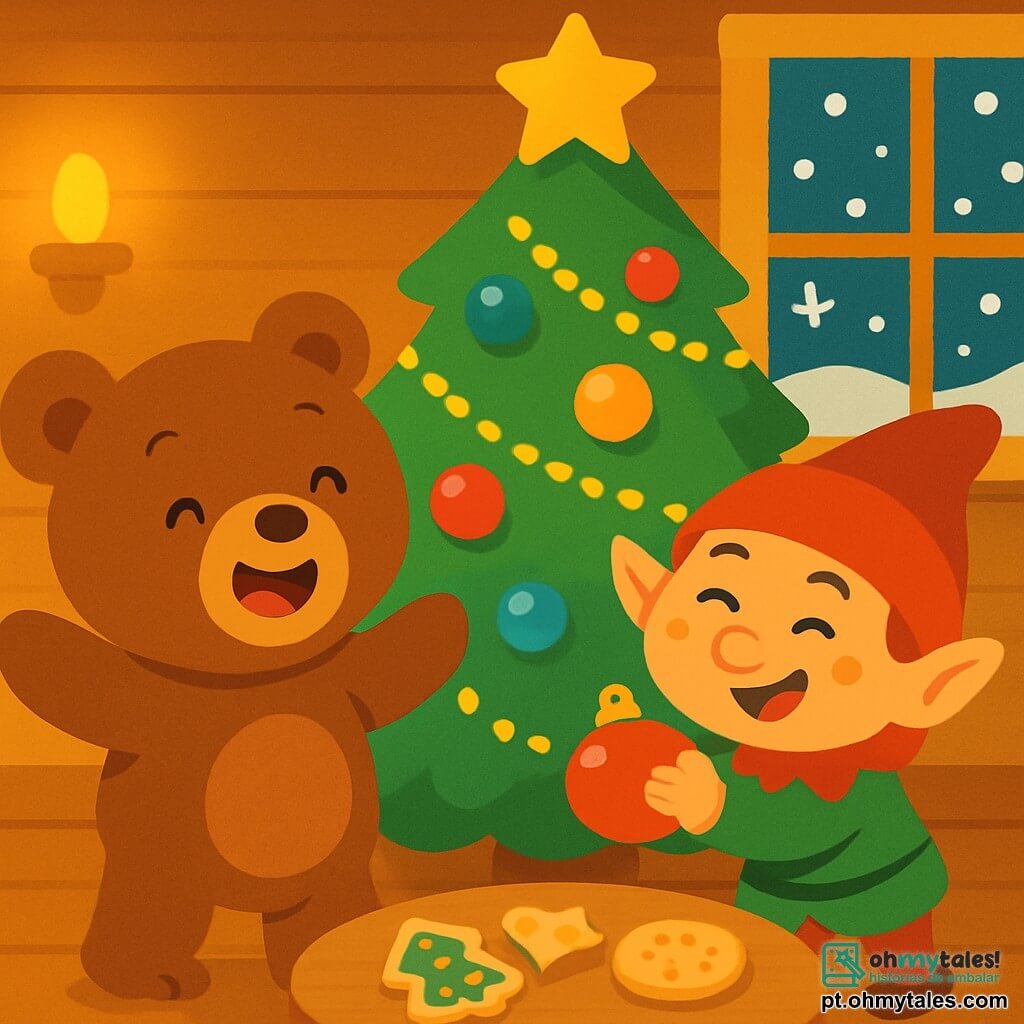 Um adorável ursinho de pelúcia chamado Bilo, com pelagem marrom macia e olhos redondos brilhando de curiosidade, está rindo alegremente. Ele está na frente de uma linda árvore de Natal decorada com bolas coloridas e guirlandas brilhantes. Ao seu lado, um duende travesso com um chapéu vermelho pontudo, com um rosto travesso e bochechas rosadas, faz caretas enquanto segura uma bola de Natal nas mãos. A cena acontece em uma sala aconchegante, com paredes de madeira e luzes suaves iluminando o ambiente. Flocos de neve caem suavemente do lado de fora pela janela, adicionando um toque mágico à atmosfera. Bilo e o duende estão decorando a árvore de Natal juntos, rindo e brincando, enquanto biscoitos de Natal estão espalhados sobre uma mesa próxima, criando uma atmosfera festiva e alegre.