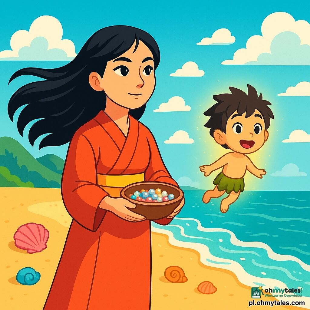 Aiko, trzydziestoletnia Japonka, stoi na złotej plaży, jej długie czarne włosy delikatnie powiewają na wietrze. Ma zdecydowane i spokojne spojrzenie, a jej oczy błyszczą od odwagi, trzymając małą miseczkę wypełnioną lśniącymi perłami, gotowymi do ofiarowania morzu. Obok niej unosi się mały duch natury o imieniu Ishi, chłopiec z rozczochranymi włosami i promienną skórą, radosny i ciekawski, obserwujący morze z zachwytem. Otacza go lekka złota poświata, dodająca magii scenie. Miejsce to spokojna plaża z łagodnymi falami rozbijającymi się o drobny piasek, kolorowe muszelki rozsiane tu i tam oraz jasnoniebieskie niebo z puszystymi białymi chmurami. W dali widać majestatyczne zielone góry, tworzące czarujący krajobraz. Główna scena pokazuje Aiko, gotową uwolnić perły w wodzie, symboliczny gest wdzięczności i szacunku wobec morza. Fale lśnią w słońcu, czekając na moment, w którym perły powrócą do swojego domu.