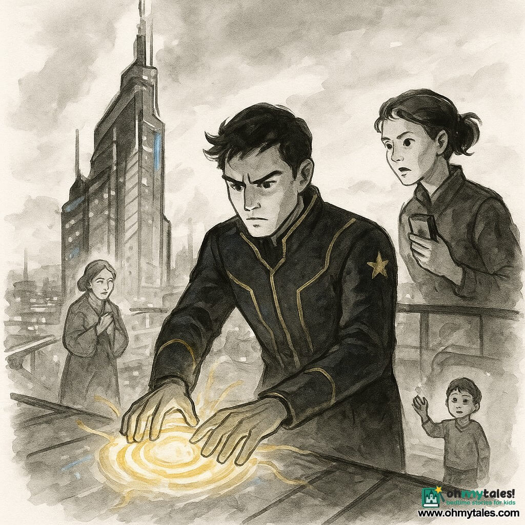Kellan, the hero, stands determined and focused, brows furrowed and lips tight, wearing a navy jacket with glowing gold lines and a small star emblem on the shoulder, both hands on a glowing cylinder—the ChronoCore—emitting warm golden pulses; behind him a young woman Mira (about 25), energetic and concerned with short tied hair, holds a floating terminal on the edge of the skyscraper crown a few meters back and watches him; further down on a lower walkway Mrs. Dima (about 55) looks relieved and gentle, clutching a blanket and observing; a boy (about 8) near a visible shelter door holds a bracelet of foil and cord, raising his arm as if to salute; the setting is the crown of a very tall modern skyscraper called Spindle—metal beams, rotating glass-and-steel antennas, tilted solar panels, blue-and-gold neon lights flickering, light smoke and a city panorama below with illuminated bridges and glass facades; tense face-off as Kellan anchors the ChronoCore's light rhythm to save the city, pale energy filaments fraying around him while the city restarts below; dynamic composition with diagonal lines, strong contrasts of black ink and gray washes, and luminous gold/blue accents.