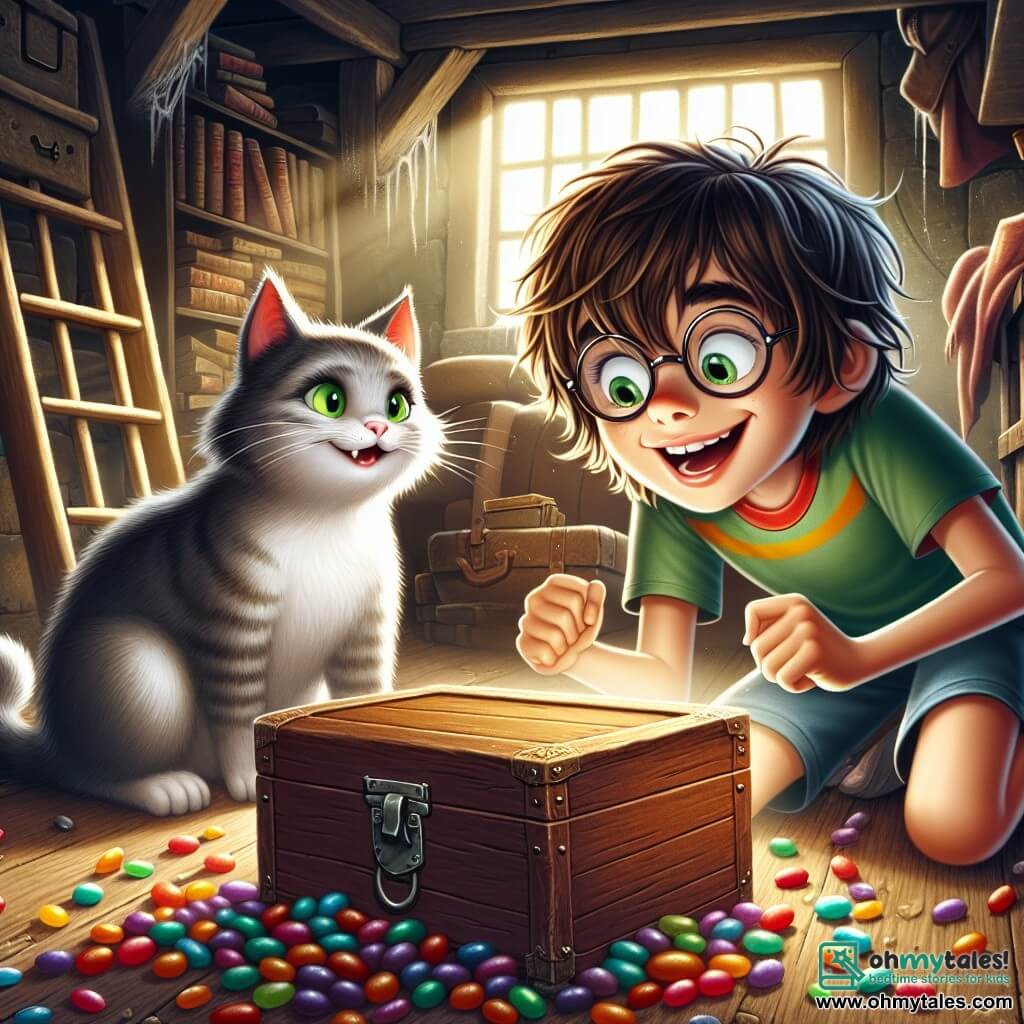An 11-year-old boy named Oliver stands in the center of the image, with messy brown hair and glasses slightly slipping down his nose. His face is lit up by a big smile, revealing his excitement and curiosity. He wears a colorful t-shirt and shorts, holding a mysterious wooden box in front of him, his eyes sparkling with anticipation. Next to him is his cat, Whiskers, a small gray furball with bright green eyes, watching Oliver with an amused expression while sitting on the floor, ready to pounce on the jellybeans scattered around them. The scene takes place in his grandmother's dusty attic, filled with old furniture, cobwebs, and shelves laden with ancient books. Sunlight filters through a dirty window, casting mysterious shadows on the wooden floor. Oliver is trying to open the box, eager to discover the treasures inside, while colorful jellybeans are strewn around him, a testament to his previous hilarious challenges.