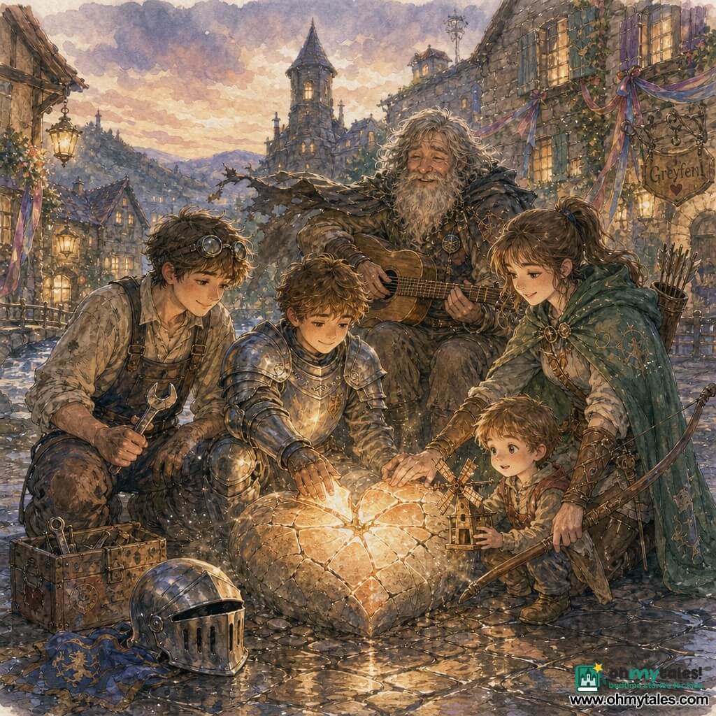 Main character: a young knight named Sir Zen, soft determined face, calm smile, slightly worn but gleaming armor, helmet beside him, kneeling to place a glowing shard into a cracked Heartstone with his left hand on the stone, tunic slightly muddy; secondary: Mira, ~18, a brown-haired archer in a green cloak standing behind him to the right, bow held low, attentive reassuring expression; Bram, ~20, a tinkerer in oil-stained overalls with goggles on his forehead, crouched left of the stone holding a small wrench and tool bag, focused and smiling; Old Rowan, ~60, a minstrel-knight with a messy gray beard, guitar on his knee, seated behind the group laughing softly, worn cloak flowing; a small ~6-year-old boy sits near Sir Zen wide-eyed and relieved, holding a windmill toy repaired by Bram; setting: Greyfen village square at dusk with wet cobbles, stone houses with colorful shutters, a crooked tower in shadow, a silver stream to the left, hanging lanterns and ribbons; scene: repairing the cracked Heartstone in the center, glowing apricot-pearl shards, hands joined around the pieces, warm rays of light reaching the villagers, peaceful hopeful atmosphere.