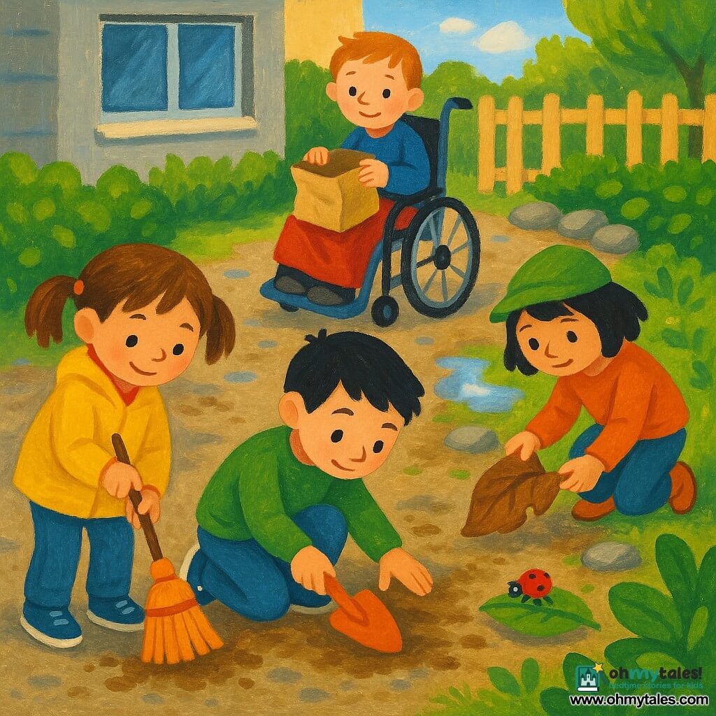 Four children: Mia, about 7, brown hair in pigtails, bright yellow jacket, sweeping left foreground with a small wooden broom; Leo, about 7, short black hair, blue sneakers, kneeling center with an orange trowel; Noor, about 6, black hair under a small green hat, standing right and carefully picking up a large brown leaf; Sam, about 7, in a wheelchair with a red blanket over his knees, slightly back center-right holding an open paper bag. They clean a small urban garden path before a low building—gray paved ground with soil spots, green shrub border, pale wooden fence, a few round stones and a shimmering puddle reflecting the spring sky. A little red ladybug with black spots walks on a leaf; soft morning light, short shadows, warm colors and visible acrylic paint texture with textured brushstrokes and glossy highlights on the ladybug.