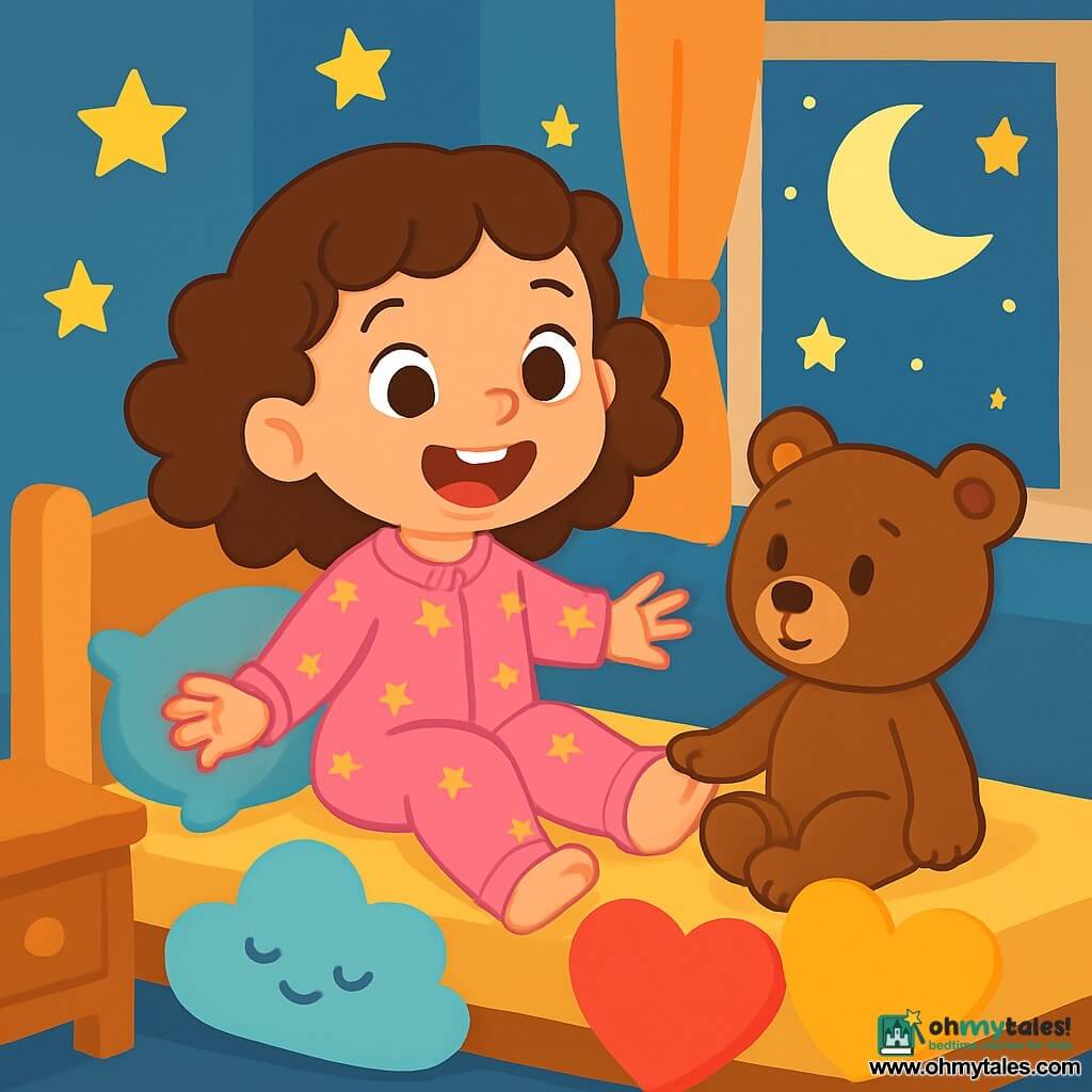 A 4-year-old girl, Mila, with lovely brown curls and sparkling eyes, is sitting on her bed. She is wearing a pink pajama with golden stars and has a big smile on her face, full of excitement. Beside her, a teddy bear named Teddy, with soft brown fur, is attentively listening, sitting on the edge of the bed. His little paw is resting on Mila's knee, as if ready to help her rhyme. The room is warm and inviting, with pastel blue walls and shining stars stuck to the ceiling. Colorful cushions shaped like clouds and hearts are scattered around her, creating a dreamy atmosphere. Mila is playing with her cushions, aligning them in a parade of joyful rhymes, jumping from one to another while singing funny words. The soft moonlight filters through the window, illuminating the scene with a magical glow.