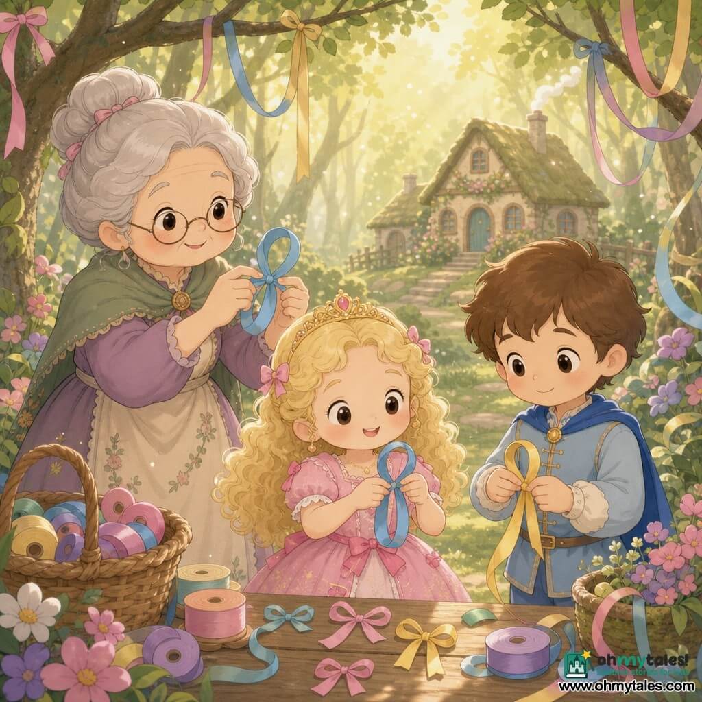 Princess Elara (girl) at center, joyful and focused, round face, curly blonde hair, pastel pink dress with small bows, holding a blue ribbon and forming a loop; Prince Milo (boy ~8) seated to her right, shy smile, short brown hair, light blue simple outfit, holding a yellow ribbon and imitating her; the Ribbon Weaver (elderly woman ~70) stands behind them left, gray hair in a bun, round glasses, agile hands demonstrating the gesture; a cottage nearby in the heart of an enchanted forest lit by golden rays, green moss, colorful flowers, ribbons hanging from branches; an outdoor ribbon workshop scene with a warm, intimate atmosphere, simple composition and rounded forms, small loops and colorful knots visible.