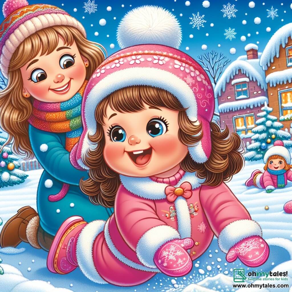 A 3-year-old girl with big bright eyes and curly brown hair is wearing a bright pink snowsuit, a fluffy wool hat, and matching mittens. She is laughing joyfully, lying in the snow, making a snow angel, her arms and legs playfully waving in the snow. Next to her, her mother, a woman in her 30s with long smooth hair, is wearing a blue coat and a colorful scarf. She is smiling tenderly at her daughter, standing ready to help with her arms crossed. The setting is a charming winter village, with snow-covered houses, trees adorned with sparkling snow, and a clear blue sky dotted with fluffy white clouds. The scene captures a joyful moment as the little girl discovers the fun of making snow angels, surrounded by winter beauty and her mother's love.