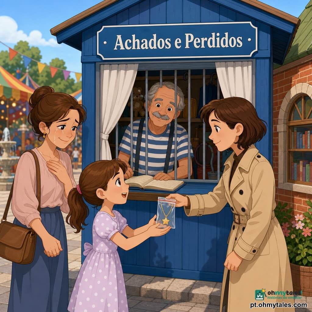 Detetive Lídia, rosto concentrado e benevolente, cabelo castanho curto, trench coat bege, olhar doce e curioso, estende um pequeno saco transparente com um colar em forma de estrela para a menina Clara; Clara, cerca de 9 anos, rabo de cavalo castanho, expressão aliviada e maravilhada, veste um vestido de bolinhas em tons pastel e estende as mãos para receber o colar; Dona Helena, mãe, 35–45 anos, cabelo preso, rosto agradecido e com lágrimas de alegria, segura a mão de Clara e fica ligeiramente atrás à esquerda; homem do quiosque, idoso com bigode grisalho e camisa às riscas, atrás do balcão, sorrindo, com um caderno de achados aberto; cenário: pequeno quiosque de madeira pintado de azul-claro com janela gradeada, cortina branca, placa "Achados e Perdidos", cartazes coloridos da feira, pequena estante de tijolos ao lado, chão de pedra, fonte e barracas da feira desfocadas ao fundo; situação principal: devolução do colar em formato de estrela — intercâmbio terno e claro entre detetive e criança, ambiente de feira animado porém calmo, composição centrada, cores vivas, formas geométricas simples, sombras suaves e contornos nítidos.