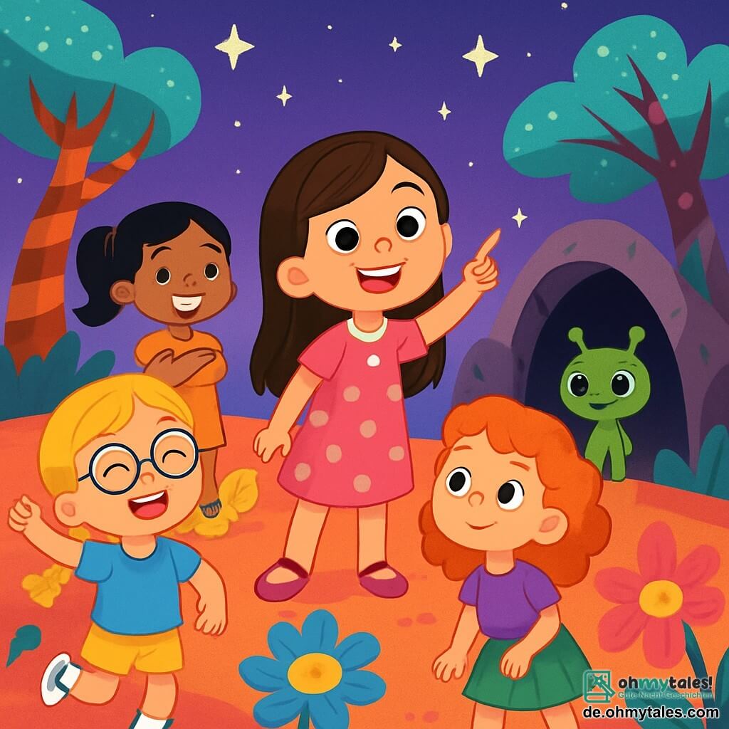Es gibt vier Kinder: Mia, ein 6-jähriges Mädchen mit langen braunen Haaren und funkelnden Augen, trägt ein rosa Kleid mit weißen Punkten und lächelt fröhlich. Sie steht in der Mitte und zeigt zum Himmel. Emma, ebenfalls 6 Jahre alt, hat blonde Zöpfe und runde Brillen, trägt ein blaues T-Shirt und eine gelbe Shorts. Sie steht links von Mia und springt vor Aufregung. Lila, ein 6-jähriges Mädchen mit lockigen roten Haaren und Sommersprossen, trägt einen grünen Rock und ein lila T-Shirt. Sie steht rechts von Mia und schaut mit Staunen auf einen kleinen Alien. Sara, ein 6-jähriges Mädchen mit schwarzen Haaren im Pferdeschwanz und einem breiten Lächeln, trägt ein oranges Kleid. Sie steht hinter Mia mit verschränkten Armen und einem entschlossenen Ausdruck. Die Szene spielt auf einem bunten Planeten voller riesiger, leuchtender Blumen. Spiralbaumstämme und funkelnde Blätter ragen in einen lila Himmel mit leuchtenden Sternen. In der Ferne steht ein kleiner grüner Alien mit großen runden Augen und einem freundlichen Lächeln vor einer dunklen Höhle. Die Hauptsituation zeigt die vier Kinder, die neugierig und begeistert sind, während sie dem kleinen Alien Zipp helfen wollen, einen verlorenen glitzernden Stein zu finden. Die Kinder zeigen Freude und Aufregung, bereit für ein neues Abenteuer.
