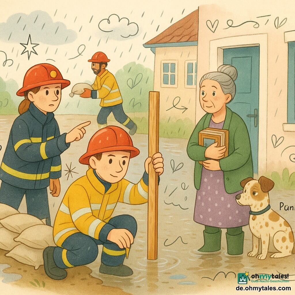 Der Feuerwehrmann Ben steht im Zentrum mit entschlossenem, jungen Gesicht, kurzen braunen Haaren, glänzendem roten Helm und gelber Rettungsjacke mit reflektierenden Streifen; er hält ein Holzmaß und zeigt den Wasserspiegel. Die ältere Frau Frau König wirkt besorgt, aber erleichtert, mit grauen Haaren im Dutt und Gummistiefeln, hält Fotoalben dicht an die Brust in der Tür ihres Hauses mit blauen Fensterrahmen; ihr kleiner Hund Pünktchen, beige-braun gefleckt, kuschelt sich zu ihr und blickt misstrauisch zum Wasser. Die Feuerwehrfrau Lea, verantwortungsbewusst und um die dreißig, trägt die Einsatzjacke eines Einsatzleiters, kontrolliert die Sandsackreihe und gibt Anweisungen; der Kollege Tarek, etwa dreißig und dunkelhäutig, hilft im Hintergrund beim Stapeln der Säcke. Ort: Ufer eines schlammigen Flusses mit nasser Wiese, Pastellhäusern, niedrigem Wolkenhimmel, reflektierenden Pfützen und leichterem Regen. Situation: gemeinschaftlicher Bau einer Sandsackbarriere gegen steigendes Wasser, koordinierte Bewegungen, Tropfen auf den Helmen, Schlamm und Teamarbeit sichtbar.
