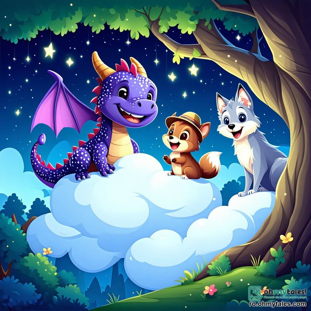 Într-o pădure fermecată sub un cer înstelat, un dragon cu solzi strălucitori violeți, cu ochi mari și curioși și un zâmbet jucăuș, stă pe un nor pufoș, râzând vesel. Lângă el, o veveriță mică cu blană brună și o coadă stufoasă, cu ochi strălucitori de entuziasm, sare pe nor, pregătită să spună o glumă. Un lup cu blană argintie, purtând o mică pălărie de paie, se află jos, admirându-i, așteptând să participe la aventură. Scena se desfășoară sub un copac mare cu frunze strălucitoare, iluminat de licurici dansatori, creând o atmosferă magică și călduroasă. Dragonul și veverița pregătesc o glumă pentru a face copacul fermecat să râdă, în timp ce lupul îi încurajează cu un zâmbet complice.